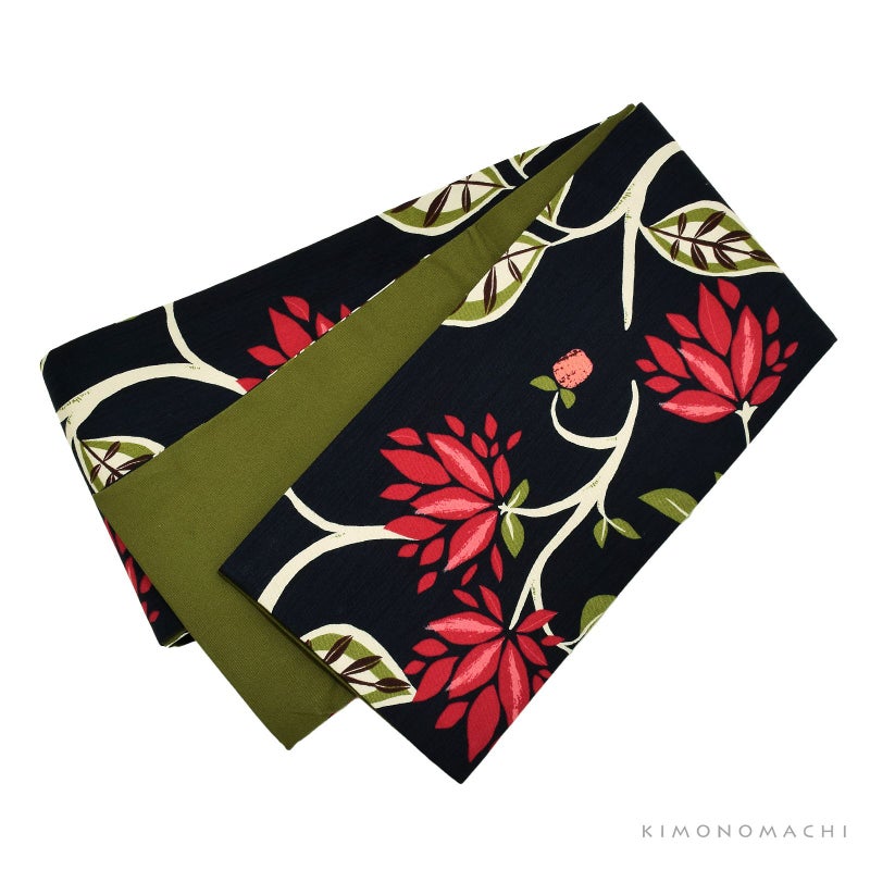 木綿半幅帯「ネイビーブラック　モダンフラワー」日本製 KIMONOMACHI オリジナル 木綿帯 半巾帯 コットン細帯 コットン帯 仕立て上がり帯 カジュアル 洒落帯