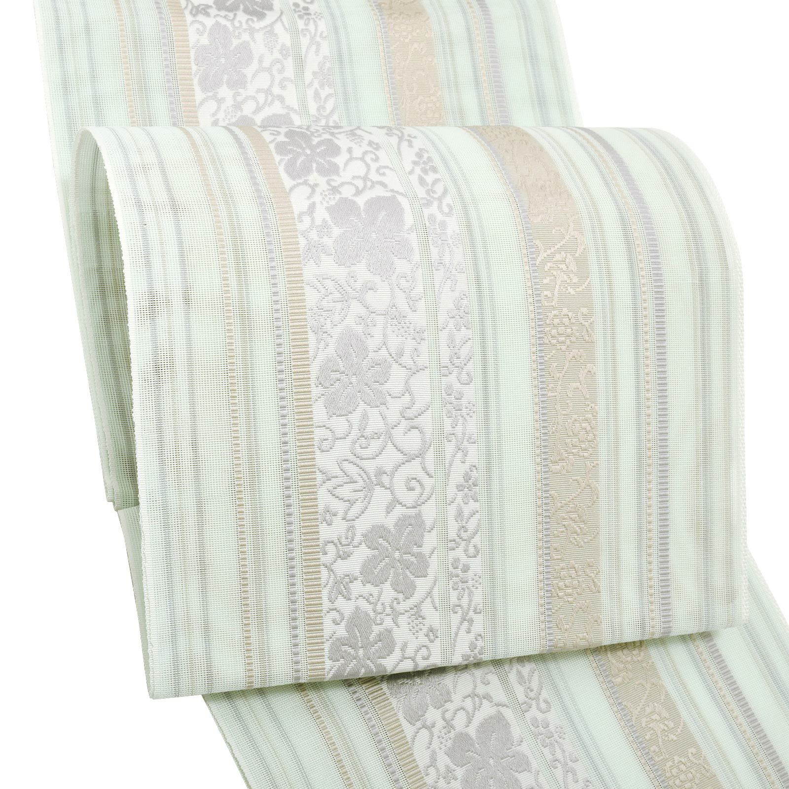 仕立て上がり 紗夏帯「アイスグリーン　間道」日本製 ポリエステル帯 名古屋帯 八寸帯 夏物 八寸名古屋帯