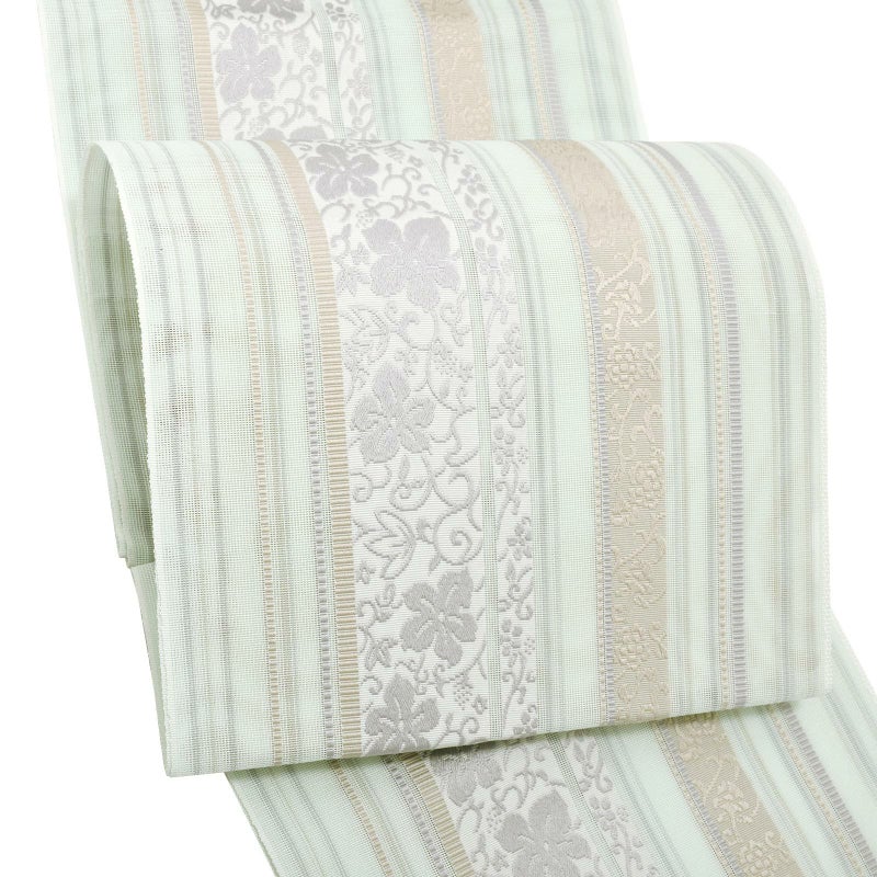 仕立て上がり 紗夏帯「アイスグリーン　間道」日本製 ポリエステル帯 名古屋帯 八寸帯 夏物 八寸名古屋帯