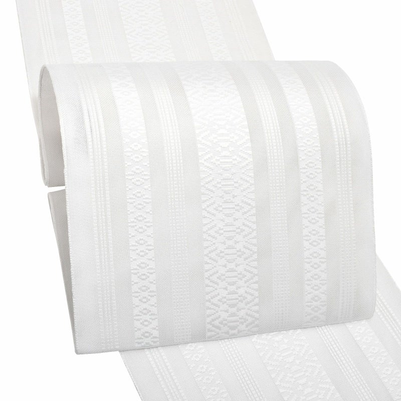 仕立て上がり 夏帯「白　献上柄」日本製 ポリエステル帯 名古屋帯 八寸帯 夏物 八寸名古屋帯