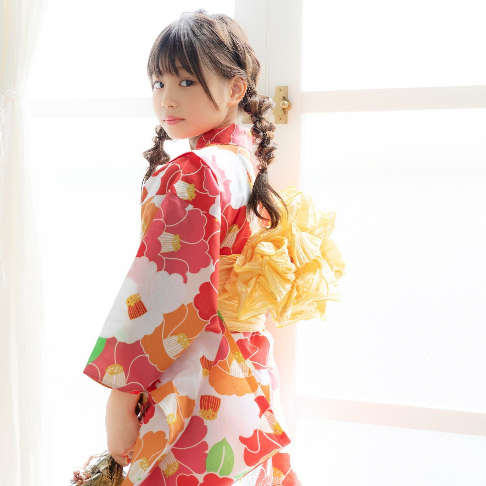 女の子 子供浴衣セット（浴衣＋帯）「赤×オレンジ 椿」 浴衣2点セット