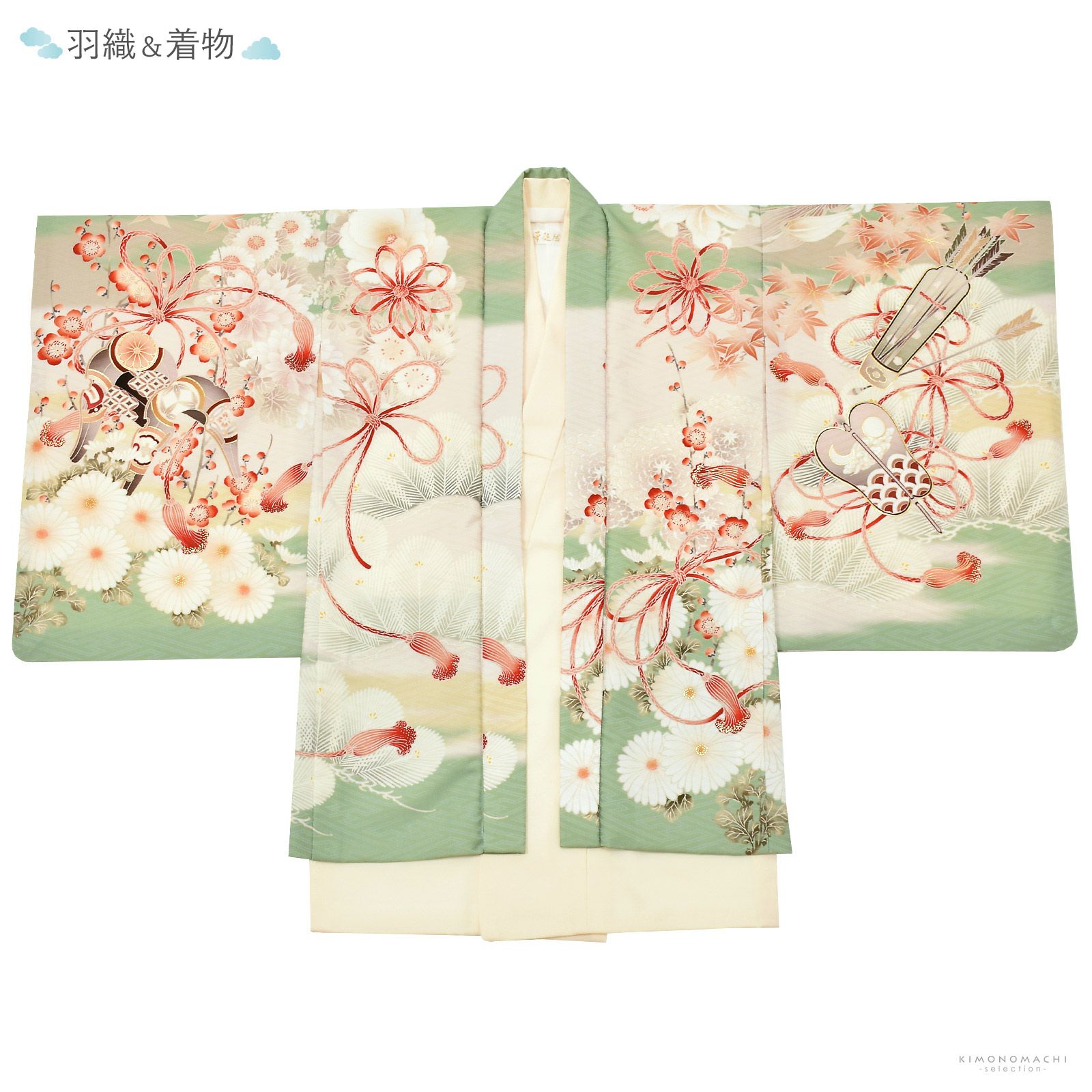 七五三 着物 男の子 5歳 ブランド 羽織袴セット 華徒然「灰緑 鷹に武具