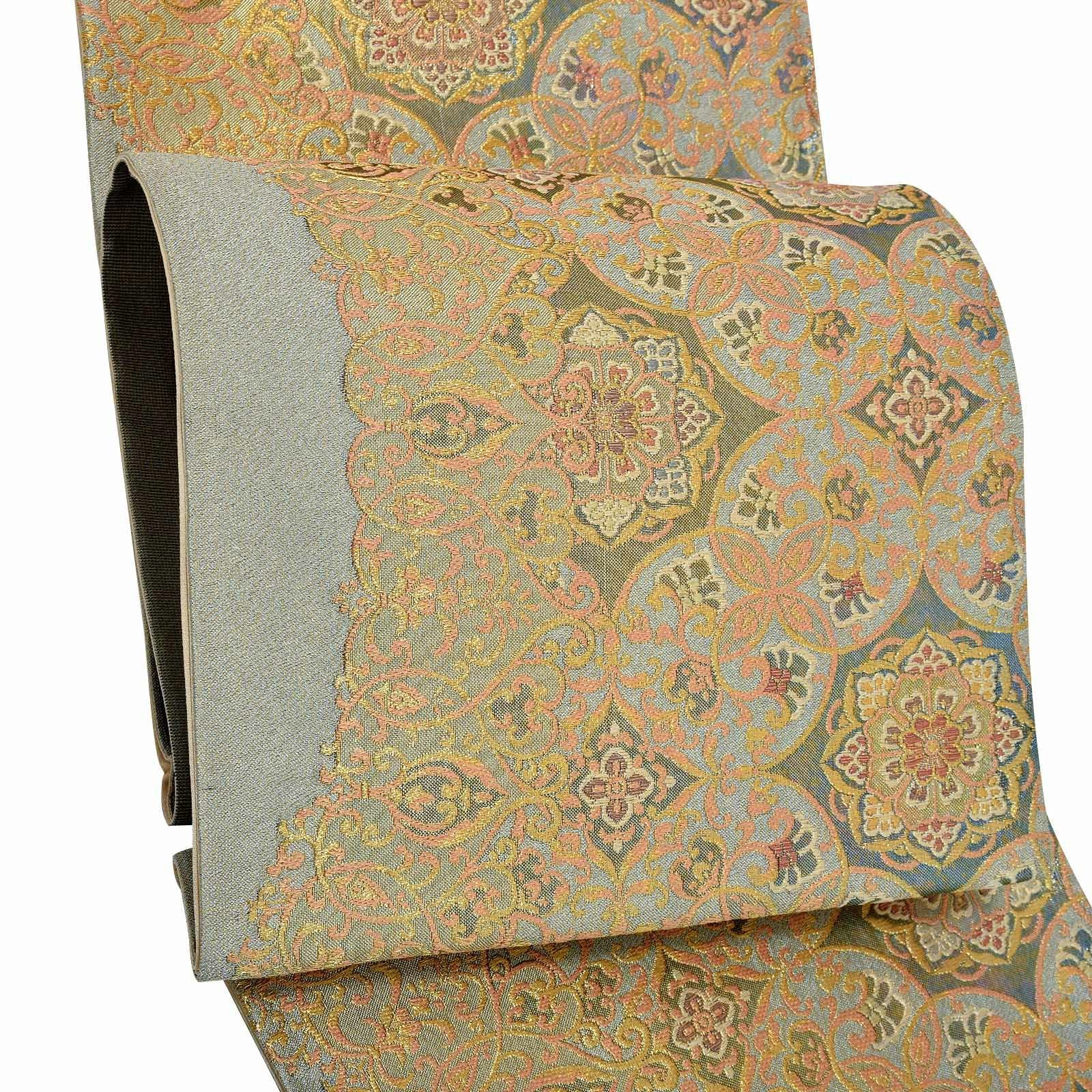 袋帯 カジュアル向け「灰緑　金銀鈿荘唐草」日本製 西陣織 西陣織証紙番号No.501 浅山織物株式会社謹製 絹 未仕立て 六通柄 洒落帯