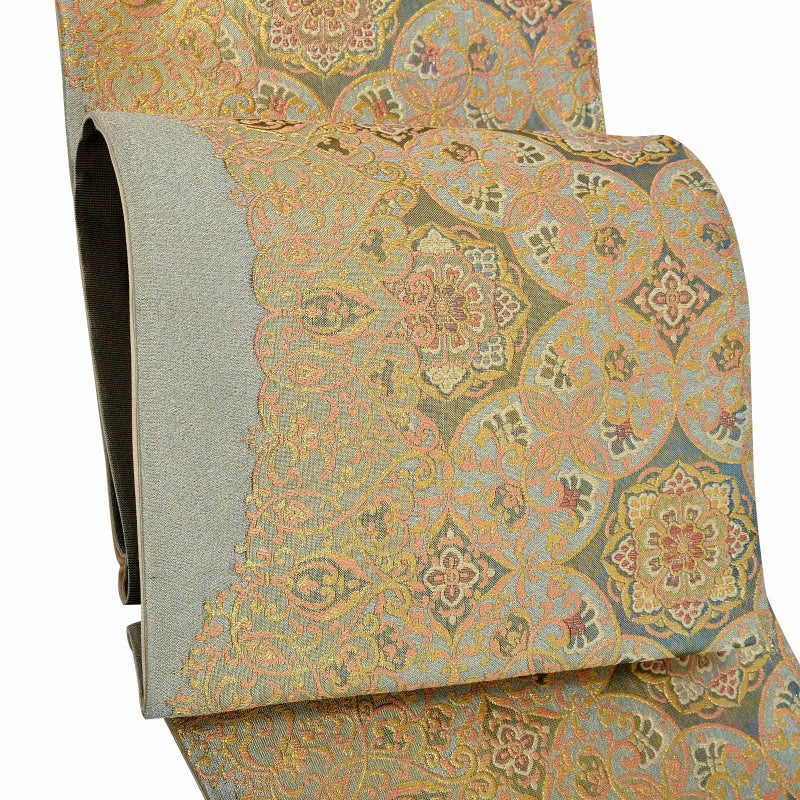 袋帯 カジュアル向け「灰緑　金銀鈿荘唐草」日本製 西陣織 西陣織証紙番号No.501 浅山織物株式会社謹製 絹 未仕立て 六通柄 洒落帯