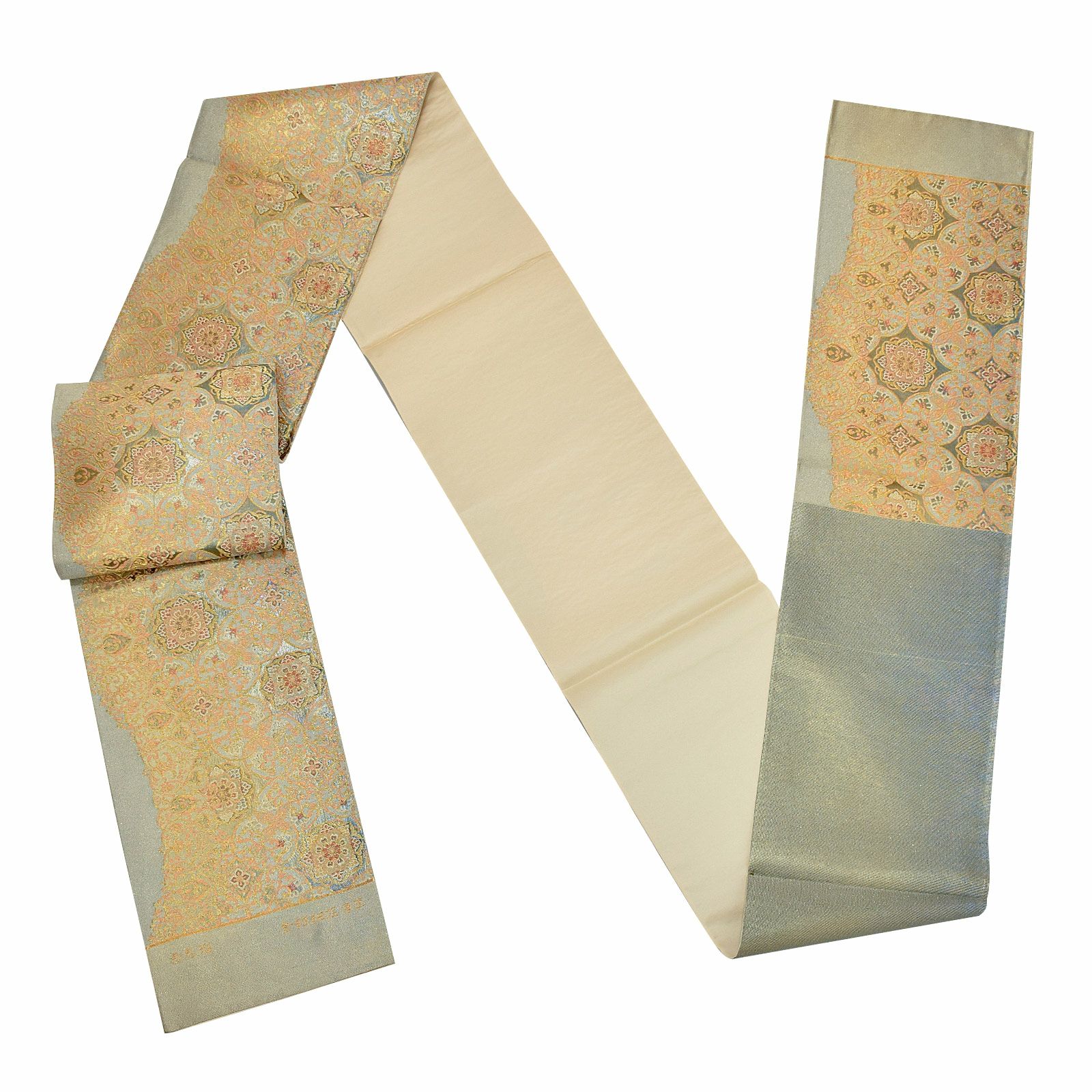 袋帯 カジュアル向け「灰緑 金銀鈿荘唐草」日本製 西陣織 西陣織証紙