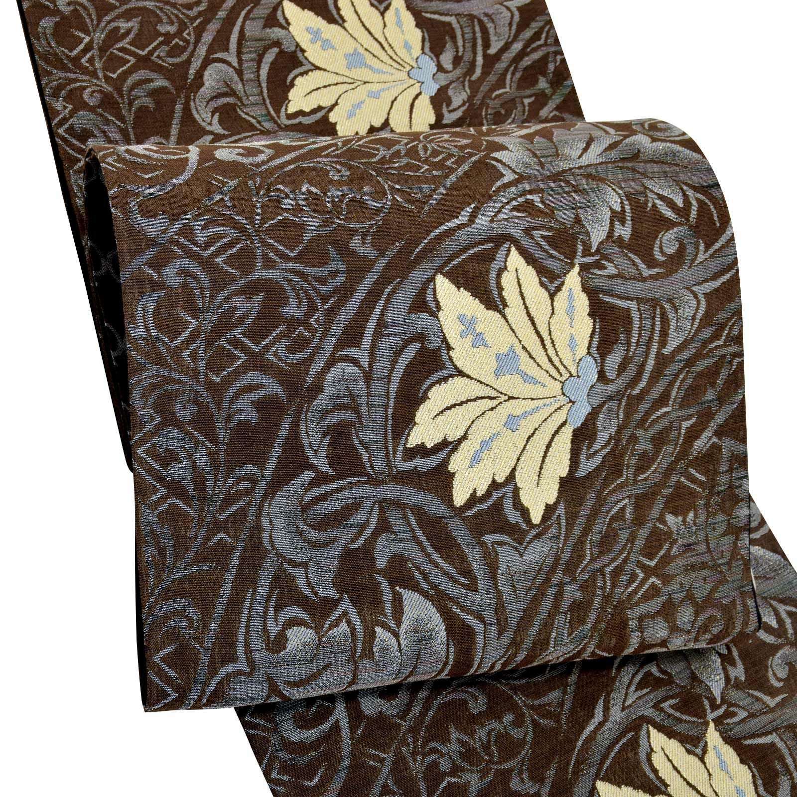 袋帯 カジュアル向け「茶色　銀灰色、唐草」日本製 西陣織 西陣織証紙番号1403 三幸織物謹製 未仕立て 六通柄 洒落帯