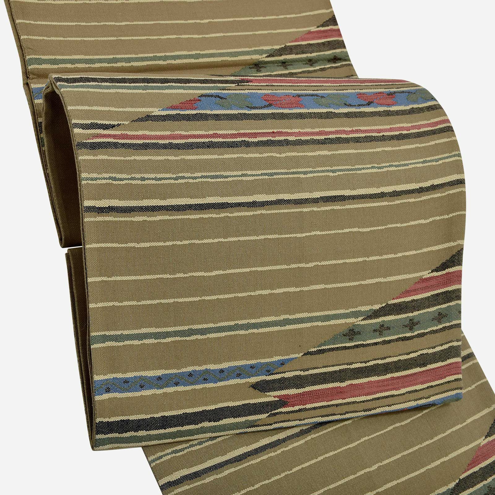 袋帯 カジュアル向け「利休色　幾何学、遠浅に山」日本製 絹 未仕立て 六通柄 洒落帯