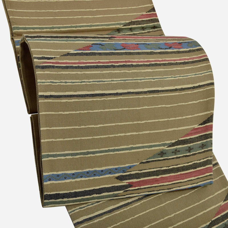 袋帯 カジュアル向け「利休色　幾何学、遠浅に山」日本製 絹 未仕立て 六通柄 洒落帯