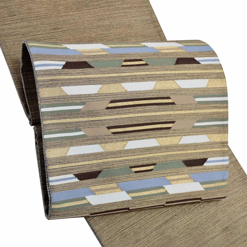 袋帯 カジュアル向け「こげ茶×金通し　幾何学」未仕立て 六通柄 洒落帯