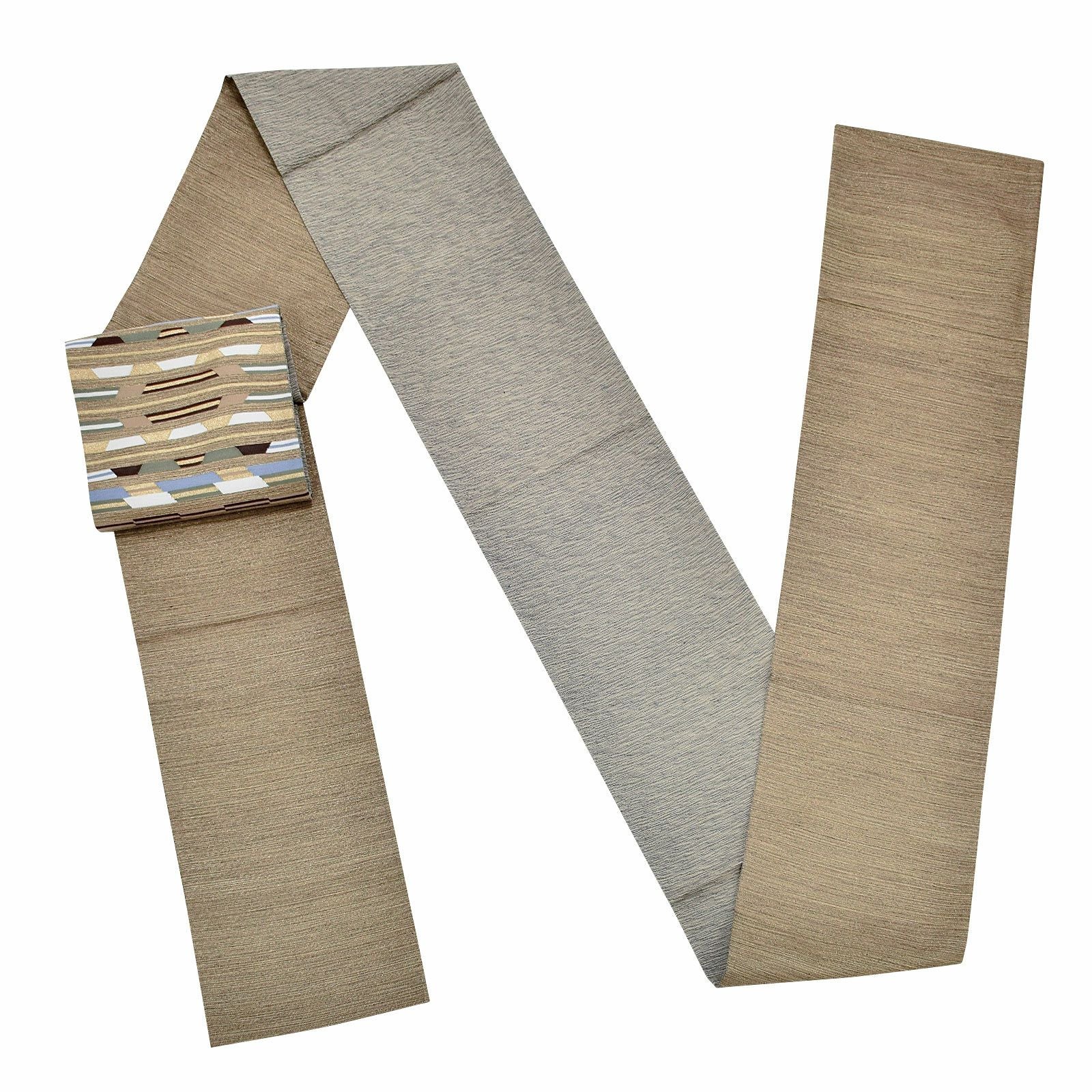 袋帯 カジュアル向け「こげ茶×金通し 幾何学」未仕立て 六通柄 洒落帯