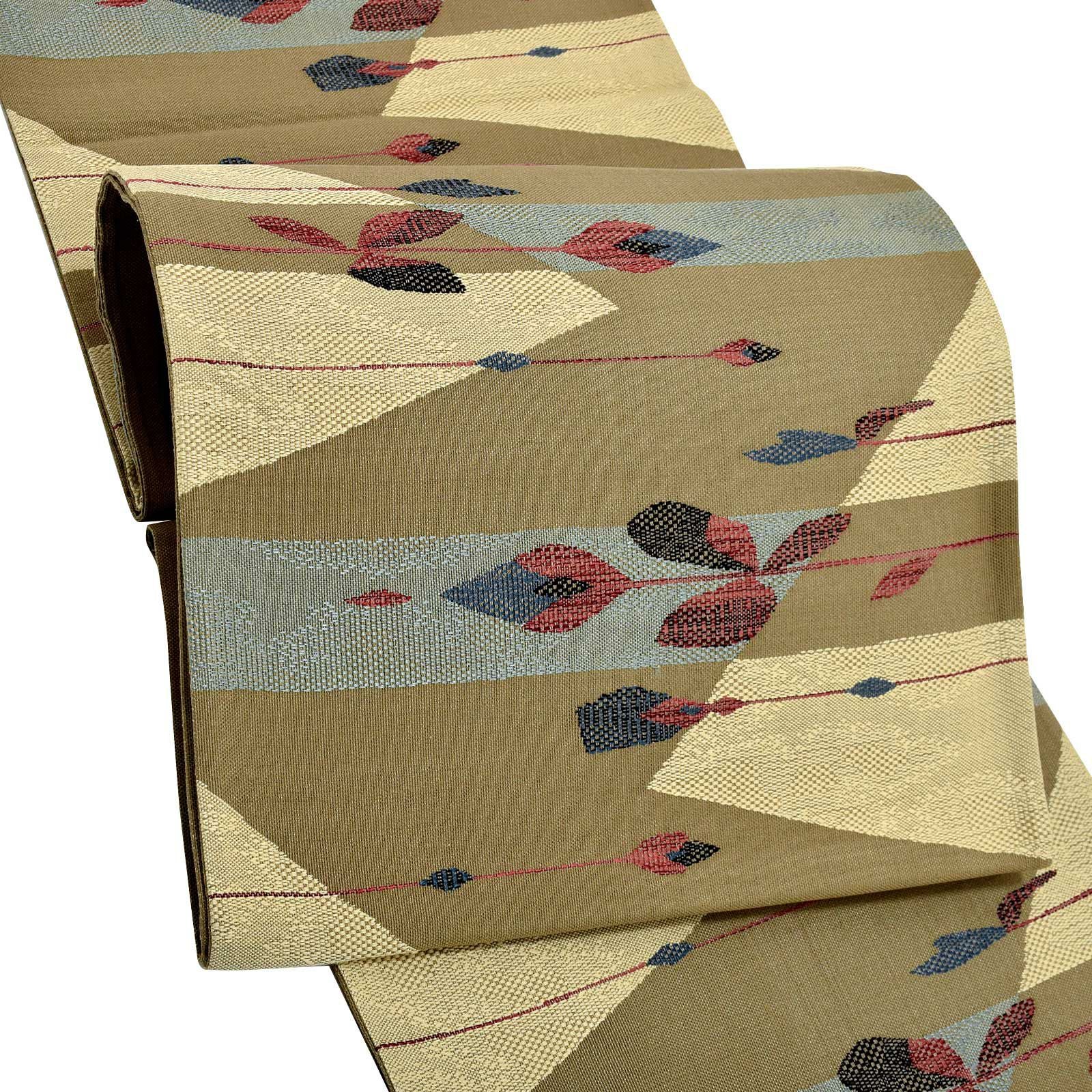 袋帯 カジュアル向け「利休色　幾何学、つぼみ」日本製 西陣織 西陣織証紙番号No.1403 三幸織物謹製 未仕立て 六通柄 洒落帯