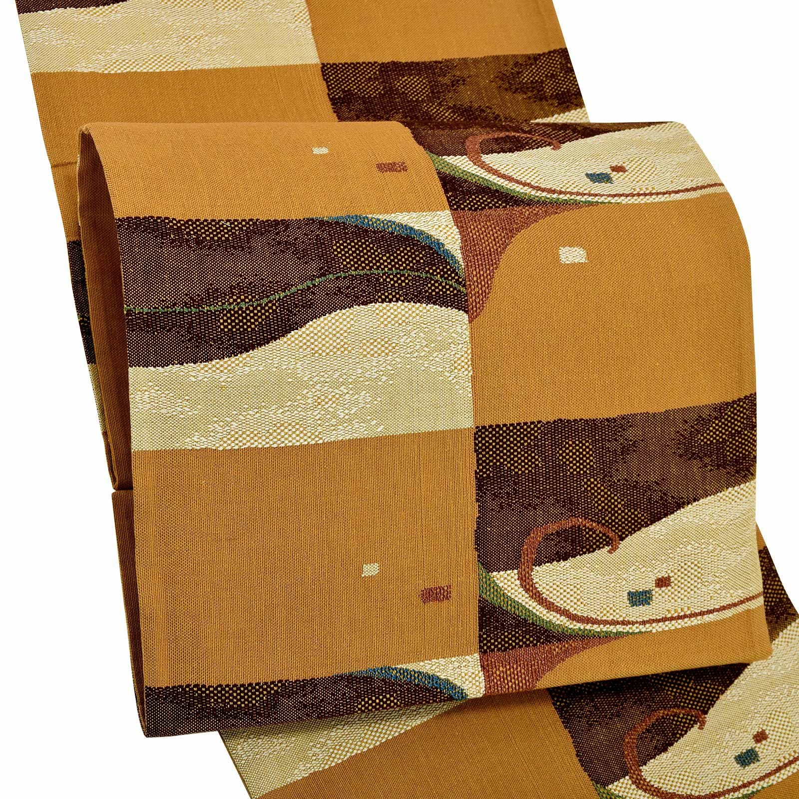 袋帯 カジュアル向け「きつね色 市松、抽象柄」日本製 西陣織 西陣織