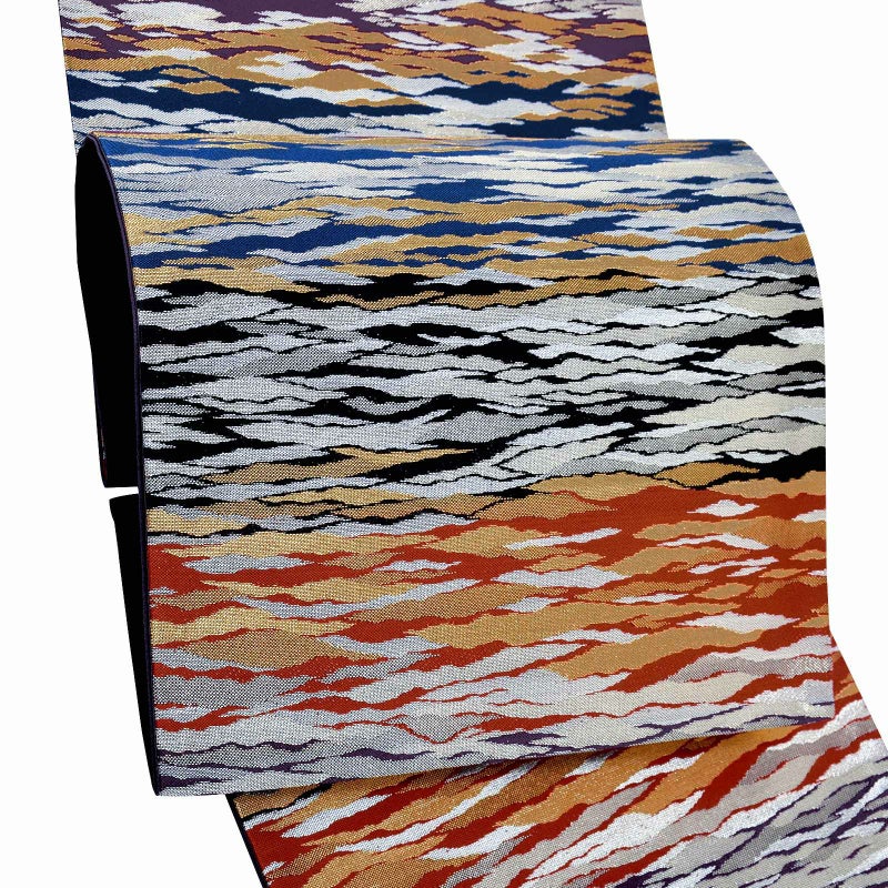 袋帯 カジュアル向け「多色　シルバー×ゴールド、霞」日本製 西陣織 西陣織証紙番号No.2505 華翔苑謹製 未仕立て 六通柄 洒落帯