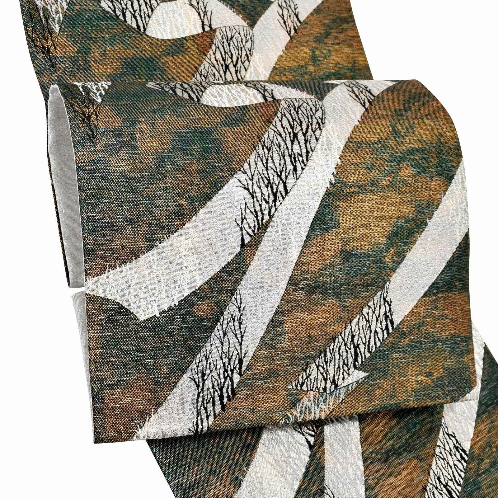 袋帯 カジュアル向け「青緑×金　白銀の蔓帯に山林」日本製 西陣織 西陣織証紙番号No.2409 酒井守謹製 未仕立て 六通柄 洒落帯