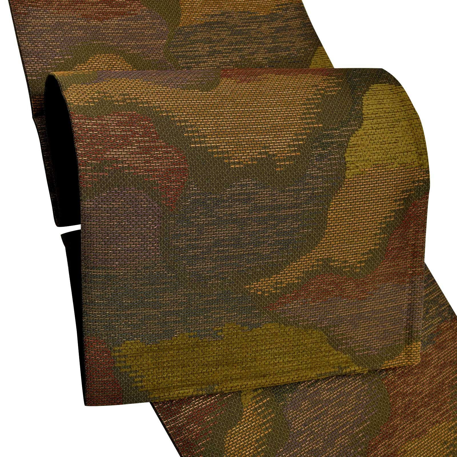 袋帯 カジュアル向け「鶯茶色　霞」日本製 西陣織 西陣織証紙番号No.2492 絹 未仕立て 六通柄 洒落帯