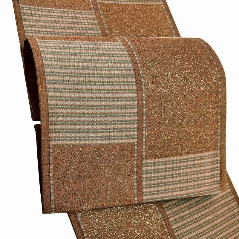 袋帯 カジュアル向け「丁子茶色　市松、縞と花紋」日本製 絹 未仕立て 六通柄 洒落帯