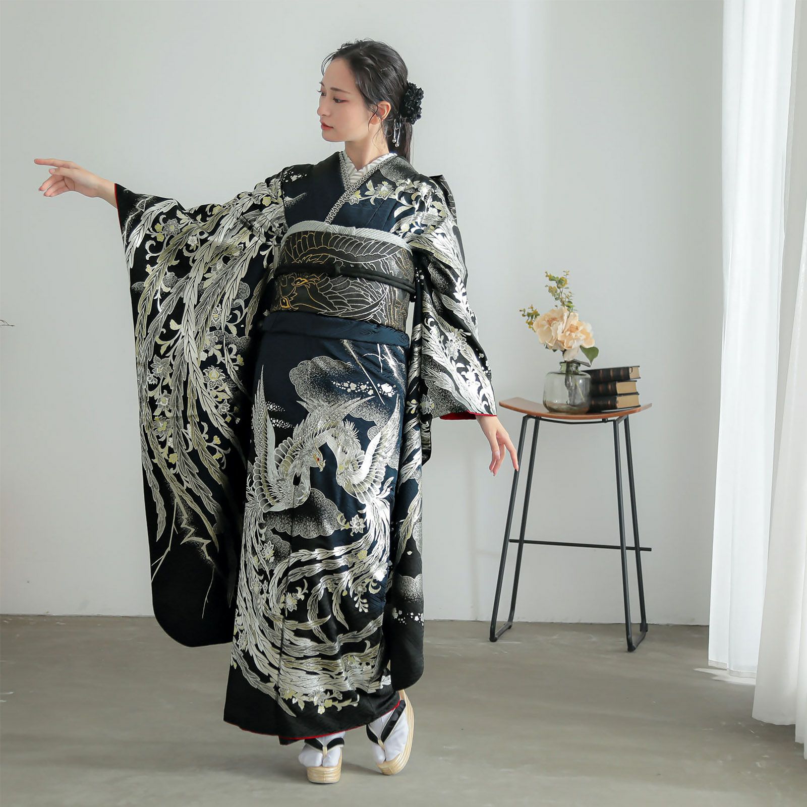 未仕立て 振袖 22点セット「Beatiful Japan ブルー×黒 鳳凰」仮絵羽