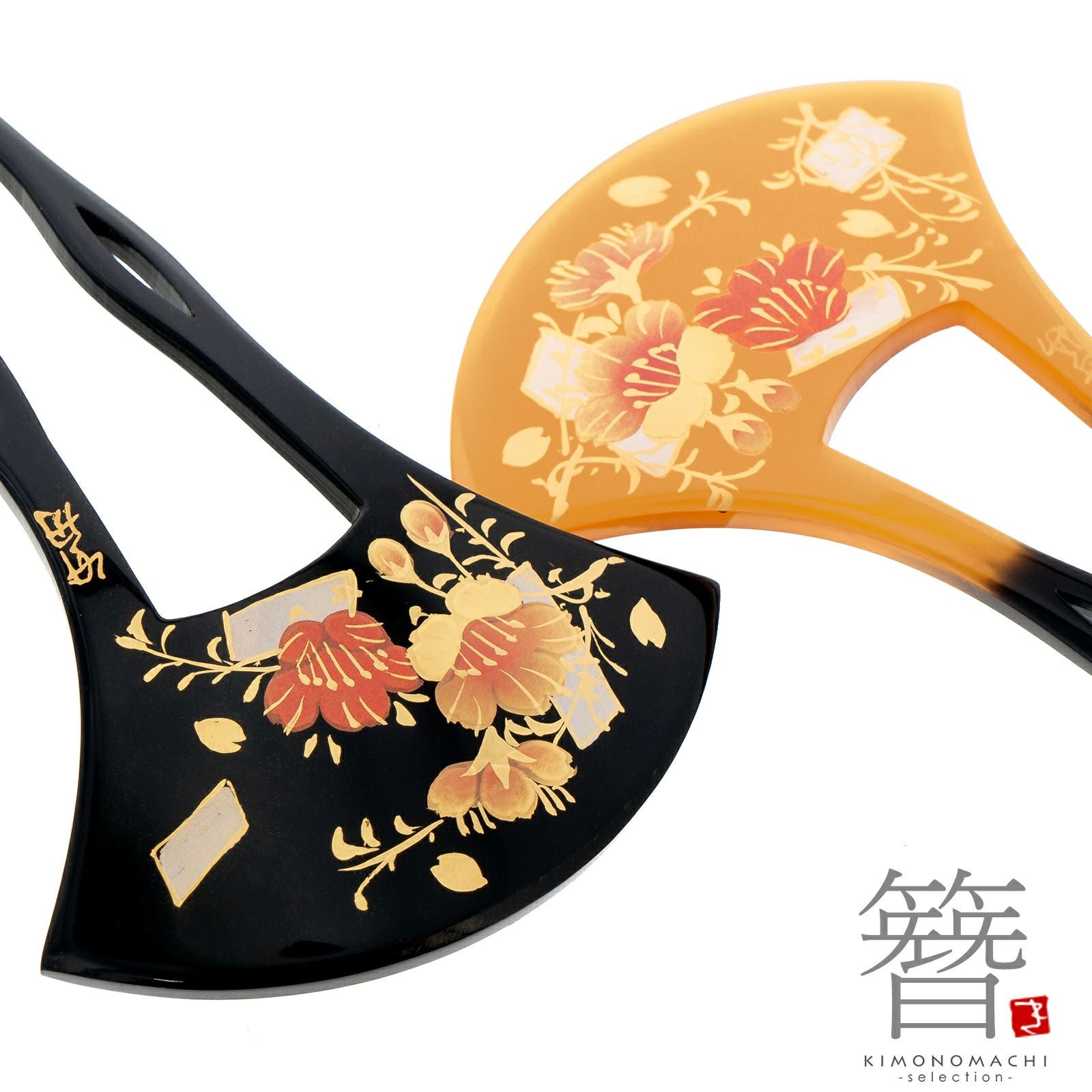 銀杏型かんざし 単品「黒色・べっ甲調 枝垂れ桜に短冊 L23-002」日本製 髪飾り バチ型 フォーマル 訪問着 留袖 向け 蒔絵 手描き 蒔絵かんざし