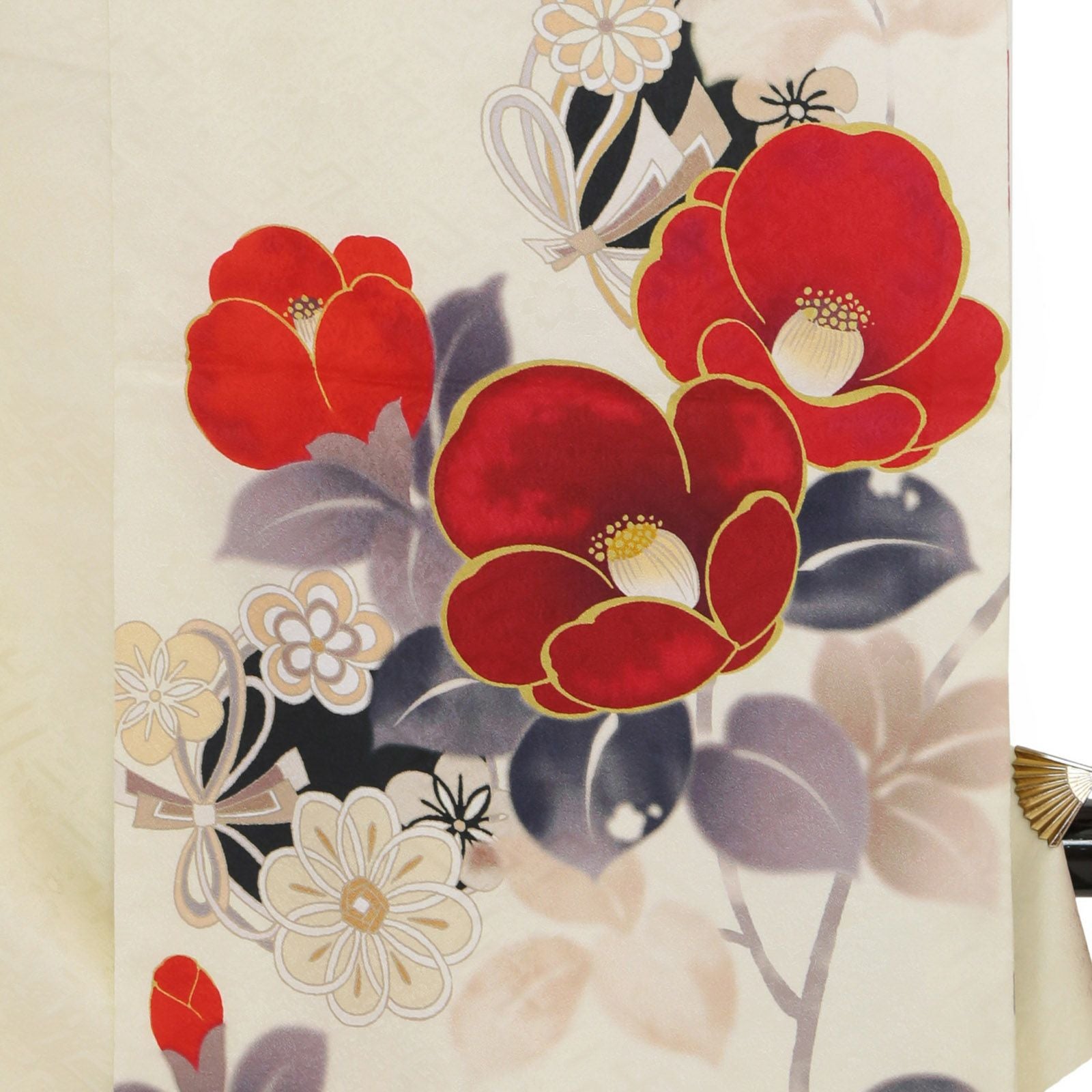 未仕立て 振袖 22点セット「Vサンク クリーム 椿に花丸文」仮絵羽