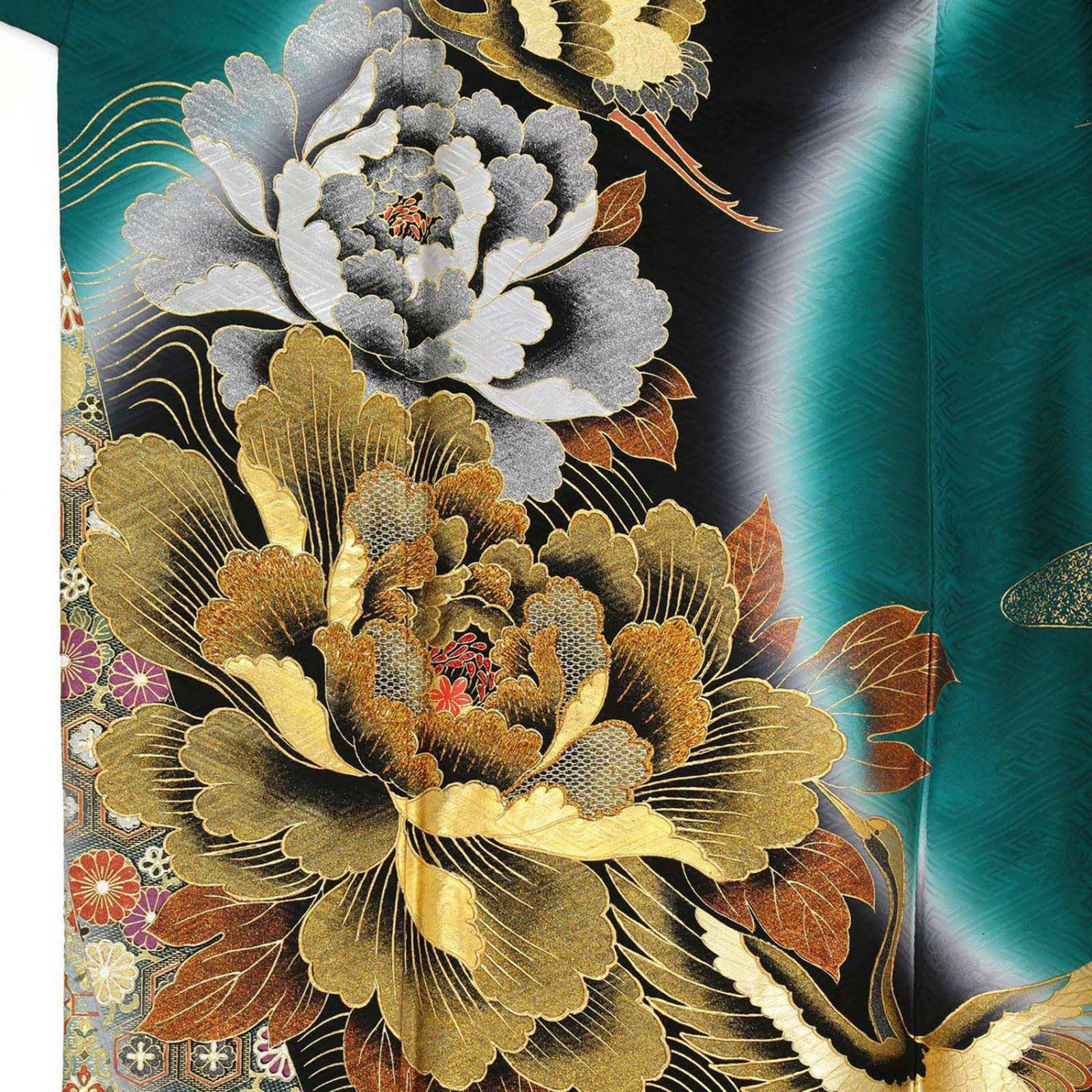 未仕立て 振袖 22点セット「桂由美 深緑 牡丹に流水と鶴」仮絵羽