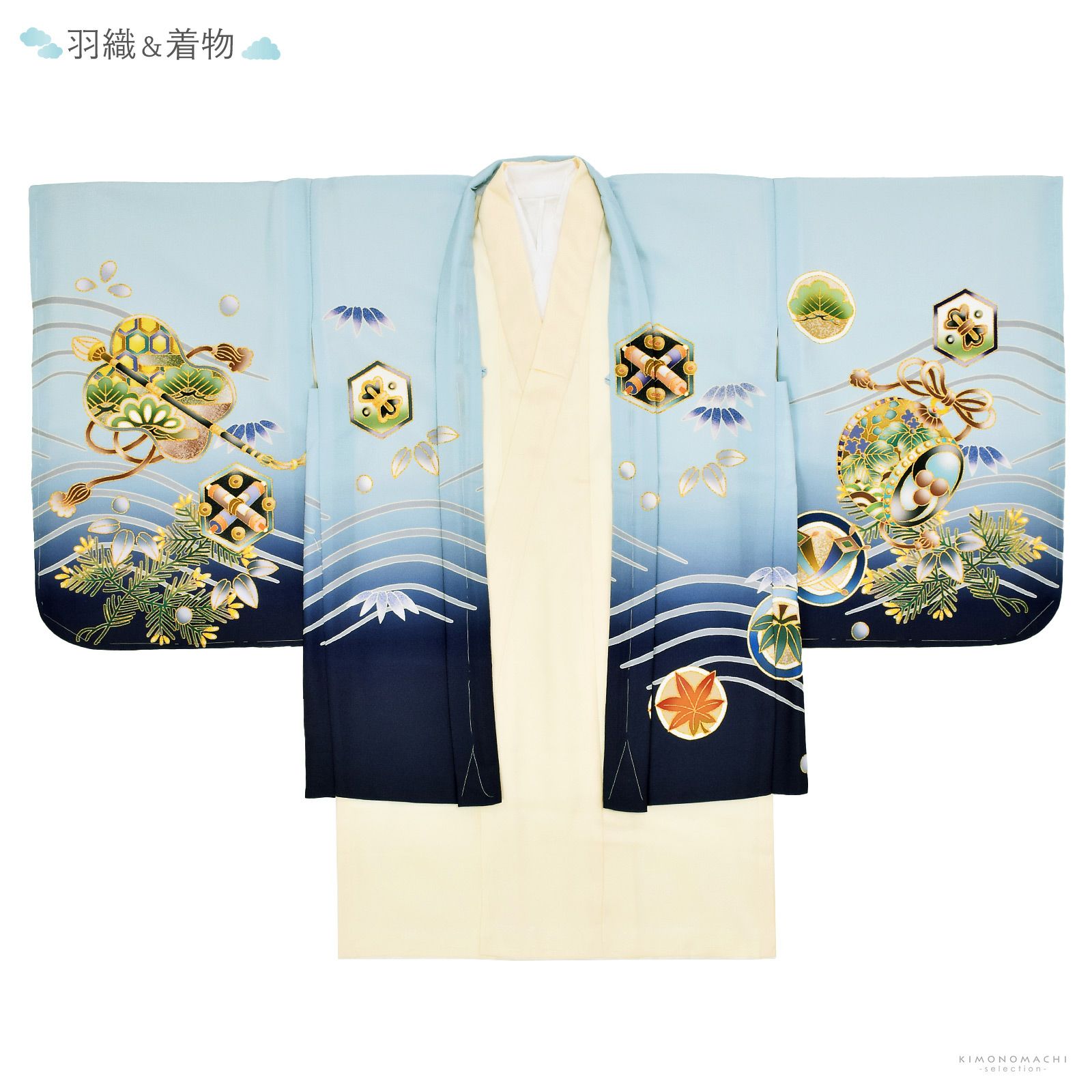 七五三　男の子‼️人気水色⭐︎兜金彩箔煌びやか極めてる⭐︎完全フルセット⭐︎袴金蘭未使用 七五三 着物 男の子 5歳 ブランド 羽織袴セット Shikibu Roman 式部