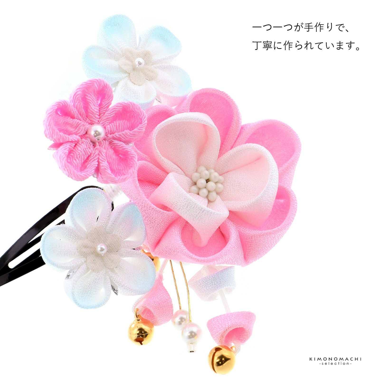 七五三 髪飾り女の子 ヘアアクセサリー 七五三 髪飾り つまみ細工 クリップ 髪飾り 単品「ピンク つまみの八重