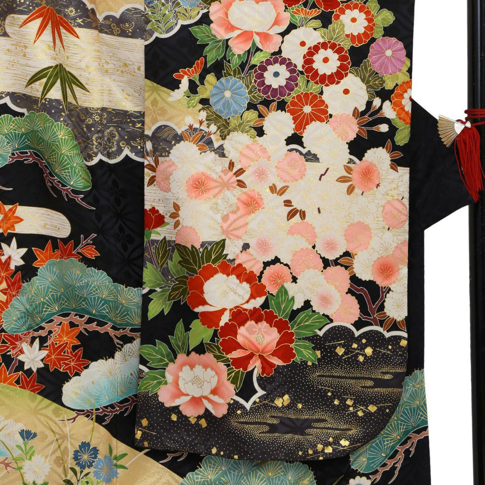 未仕立て 振袖 22点セット黒 吉澤の本格型友禅 牡丹に花々仮絵羽