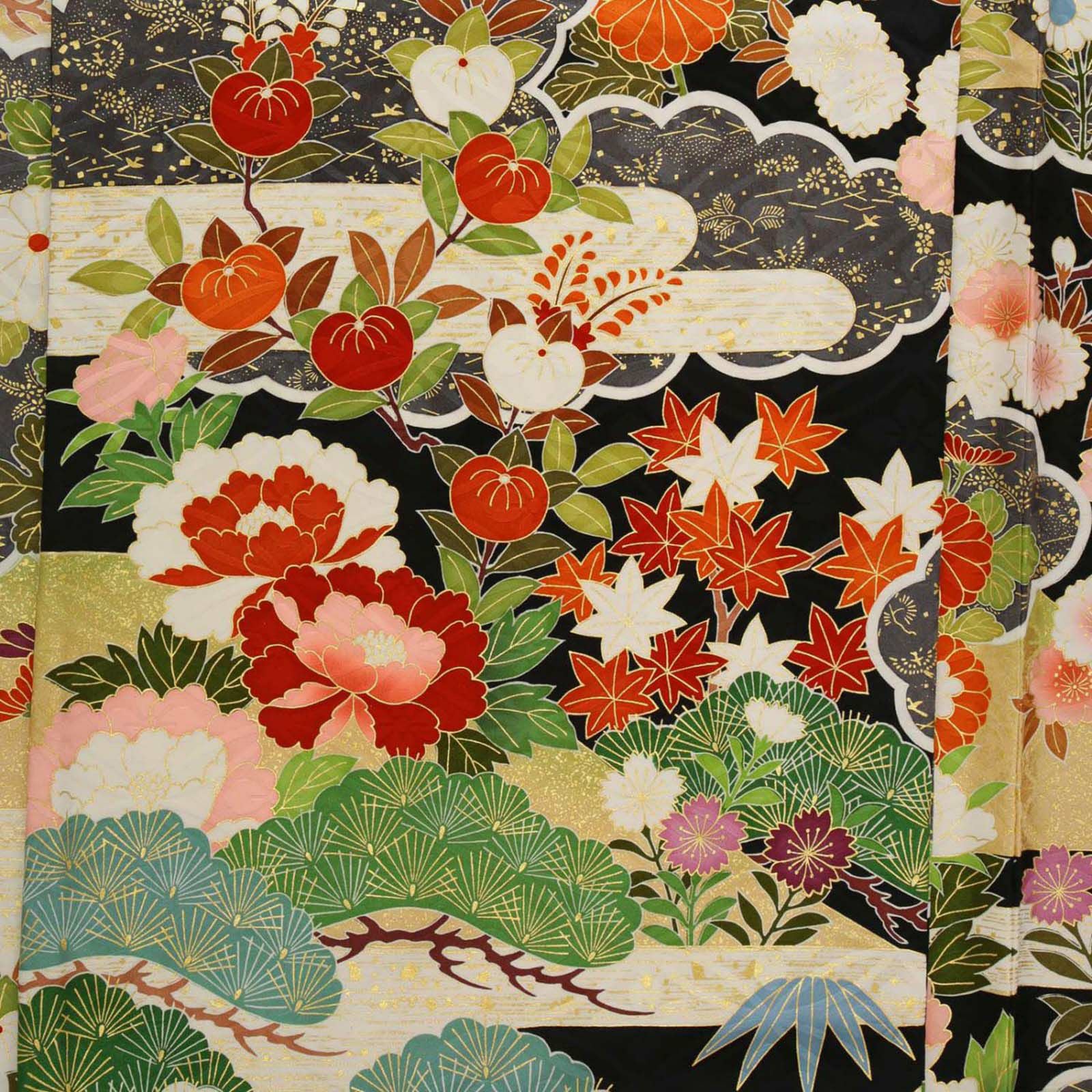 未仕立て 振袖 22点セット黒 吉澤の本格型友禅 牡丹に花々仮絵羽