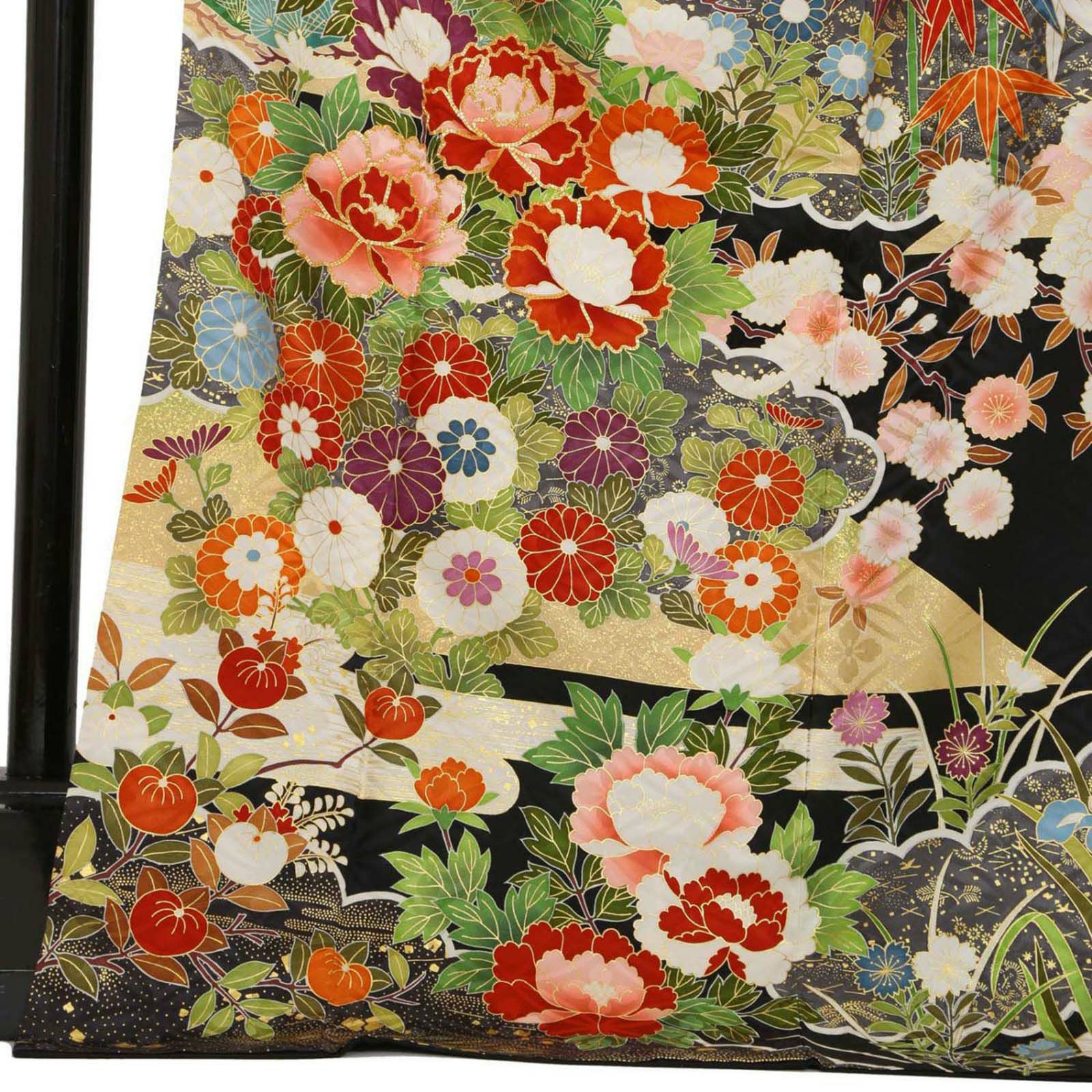 未仕立て 振袖 22点セット黒 吉澤の本格型友禅 牡丹に花々仮絵羽