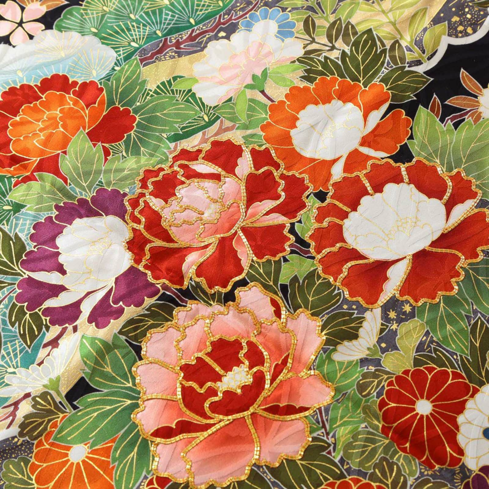未仕立て 振袖 22点セット黒 吉澤の本格型友禅 牡丹に花々仮絵羽