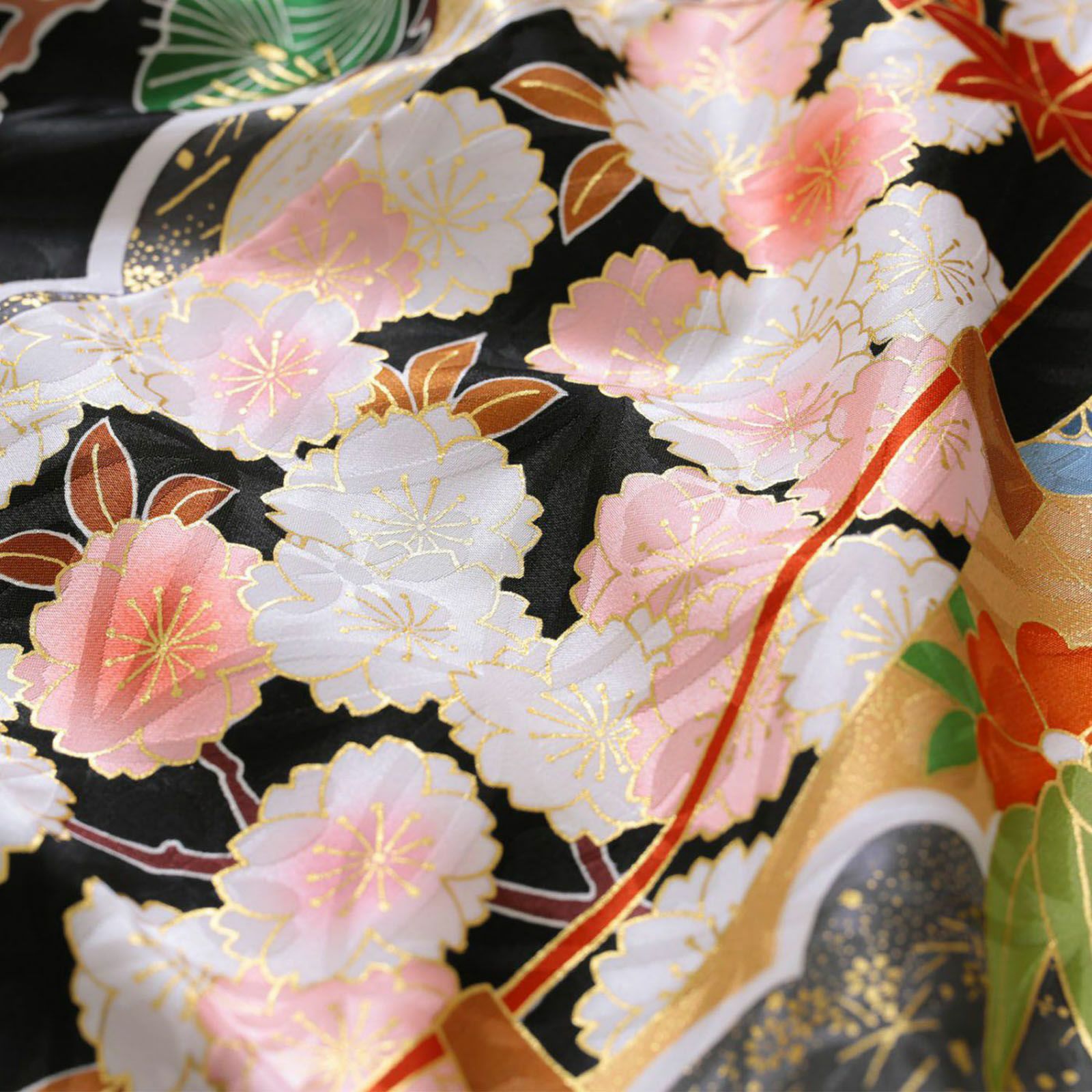 未仕立て 振袖 22点セット黒 吉澤の本格型友禅 牡丹に花々仮絵羽
