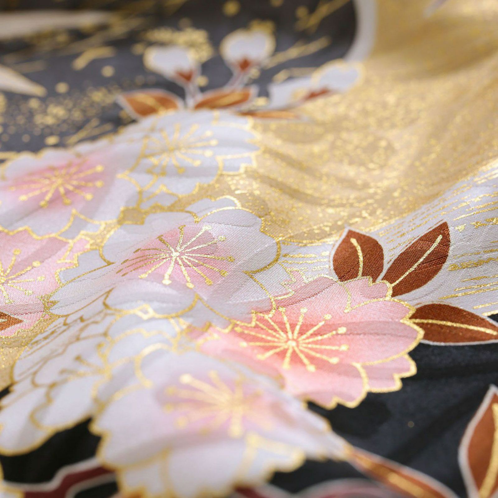 未仕立て 振袖 22点セット黒 吉澤の本格型友禅 牡丹に花々仮絵羽