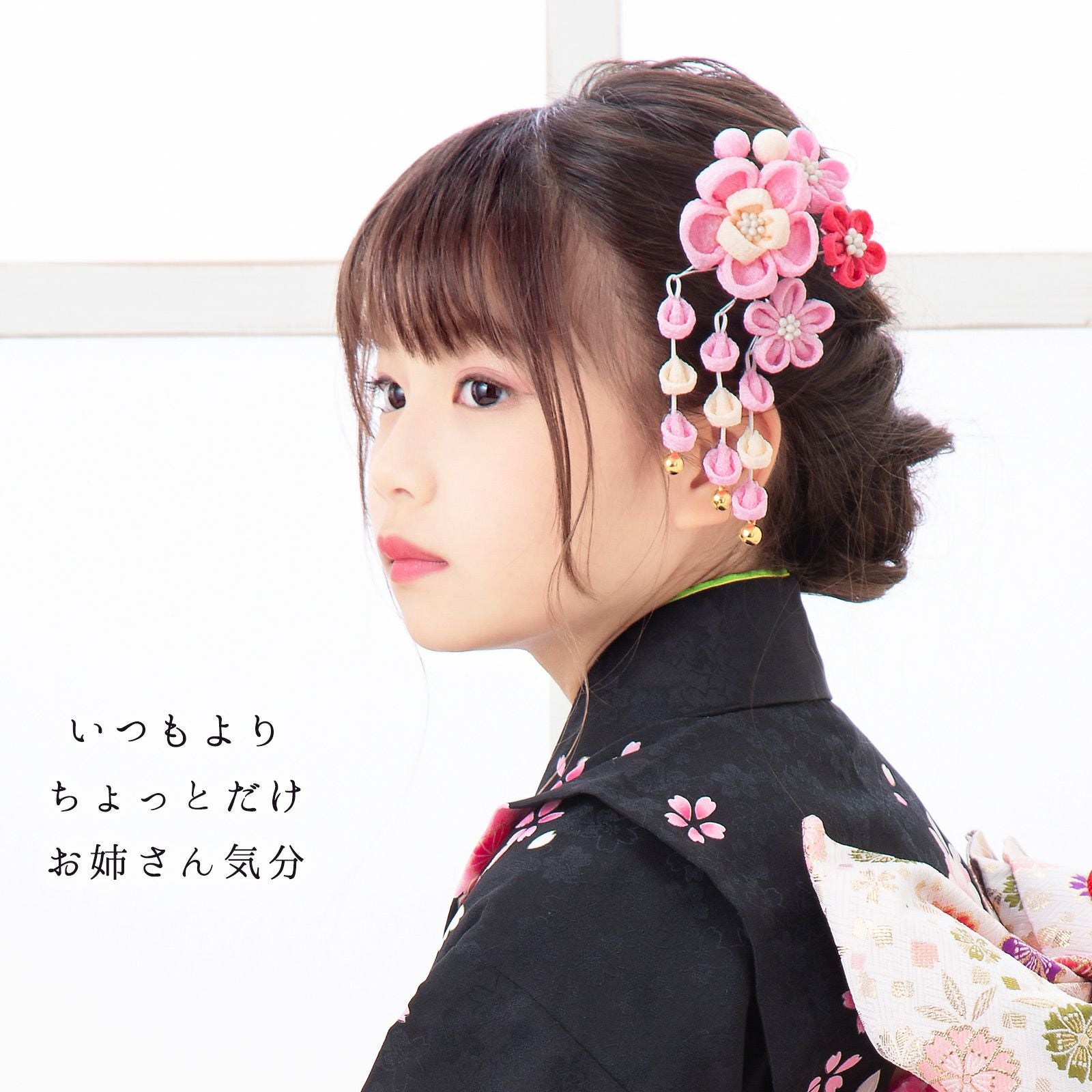 七五三 クリップ 髪飾り「ピンク 丸つまみのお花」ヘアアクセサリー