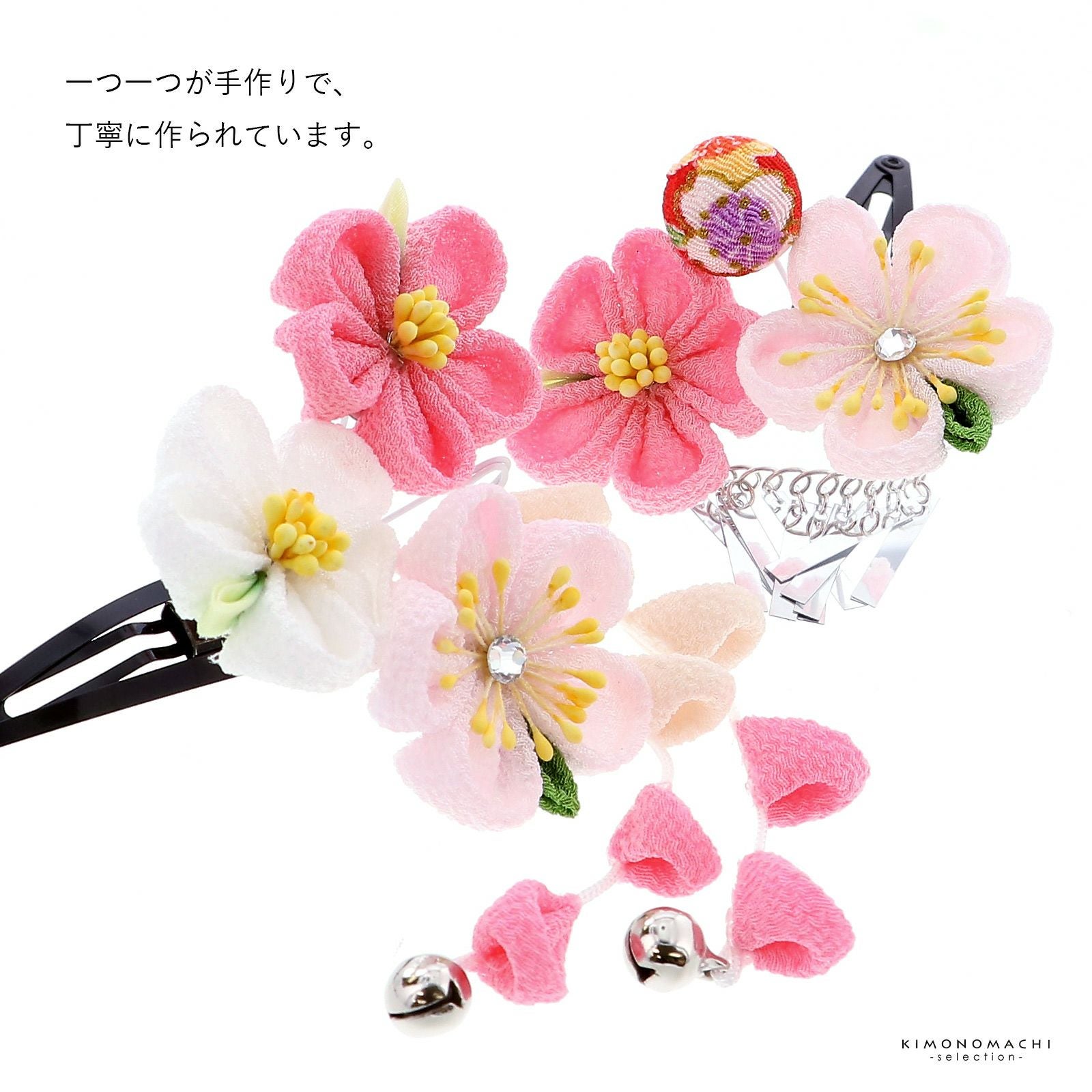 まおまお様order♡ ピンクの可愛い髪飾りとスタイ&イヤリング 七五三髪飾り 七五三 クリップ 髪飾り 2点セット「ピンク 丸つまみのお花」ヘア