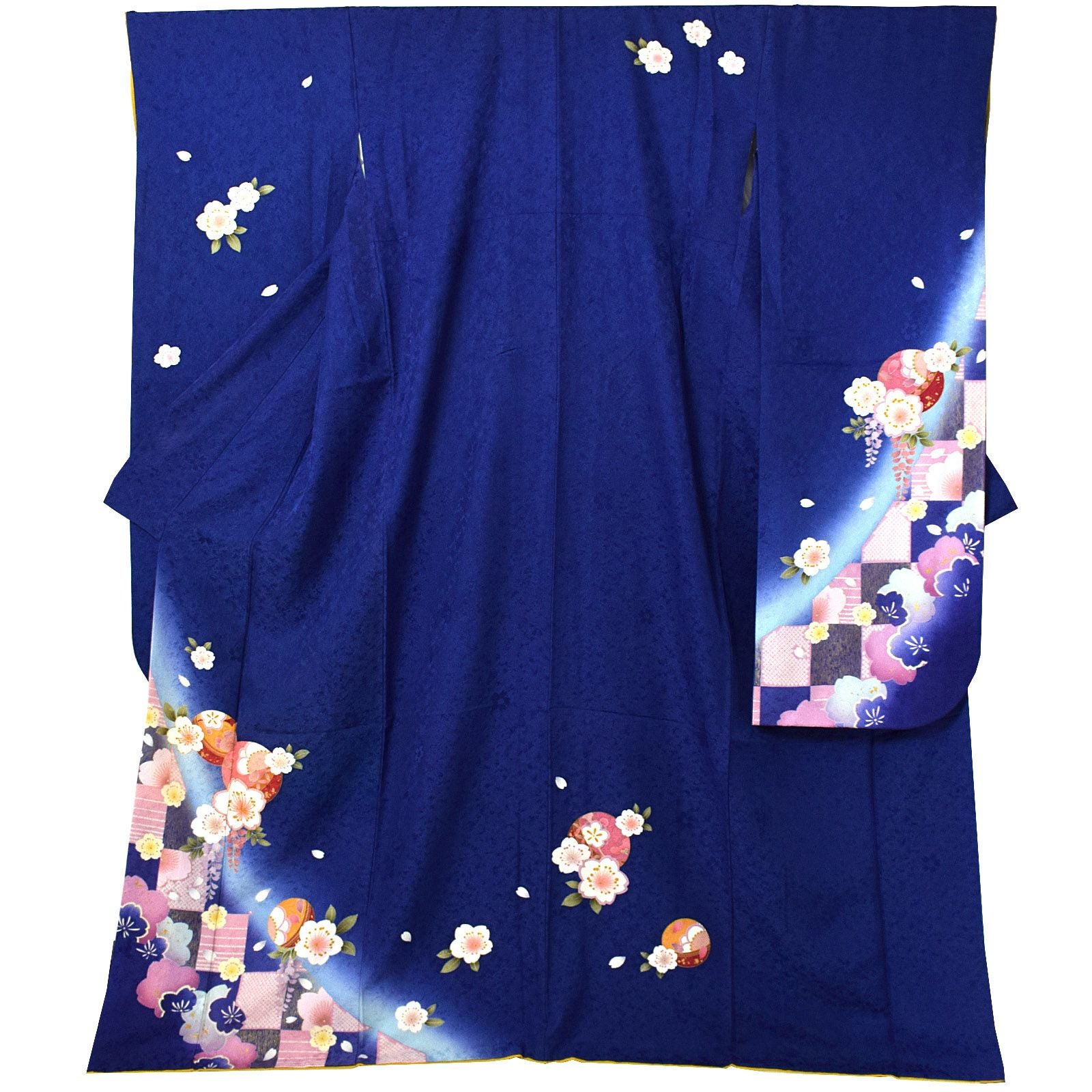中古品】仕立て上がり 正絹 振袖「紺藍色 市松、桜花に手鞠」貸衣装