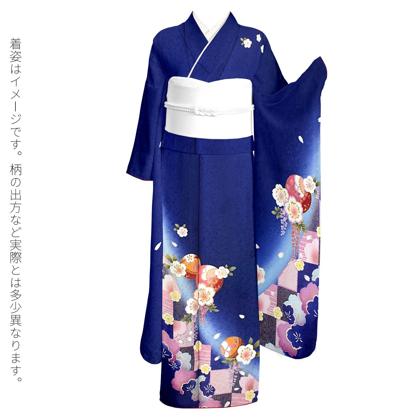 中古品】仕立て上がり 正絹 振袖「紺藍色 市松、桜花に手鞠」貸衣装