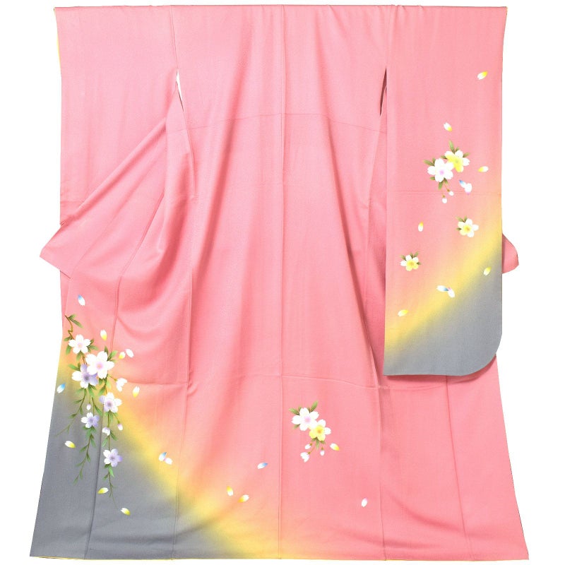 【中古品】仕立て上がり 正絹 振袖「鴇色　枝垂れ桜」貸衣装処分 レンタル処分品 成人式