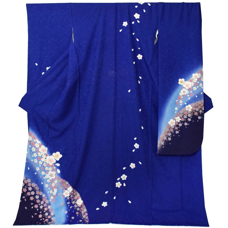 【中古品】仕立て上がり 正絹 振袖「瑠璃色　桜」貸衣装処分 レンタル処分品 成人式