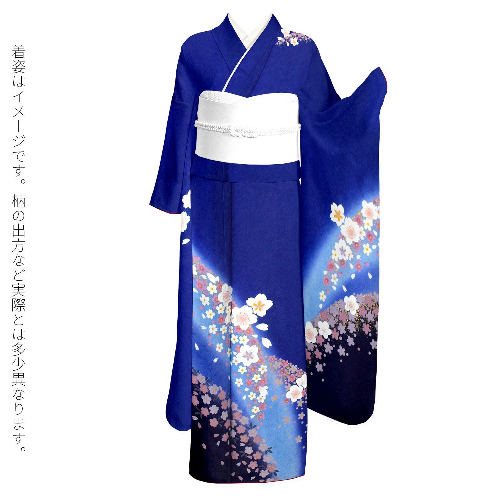 中古品】仕立て上がり 正絹 振袖「瑠璃色 桜」貸衣装処分 レンタル処分