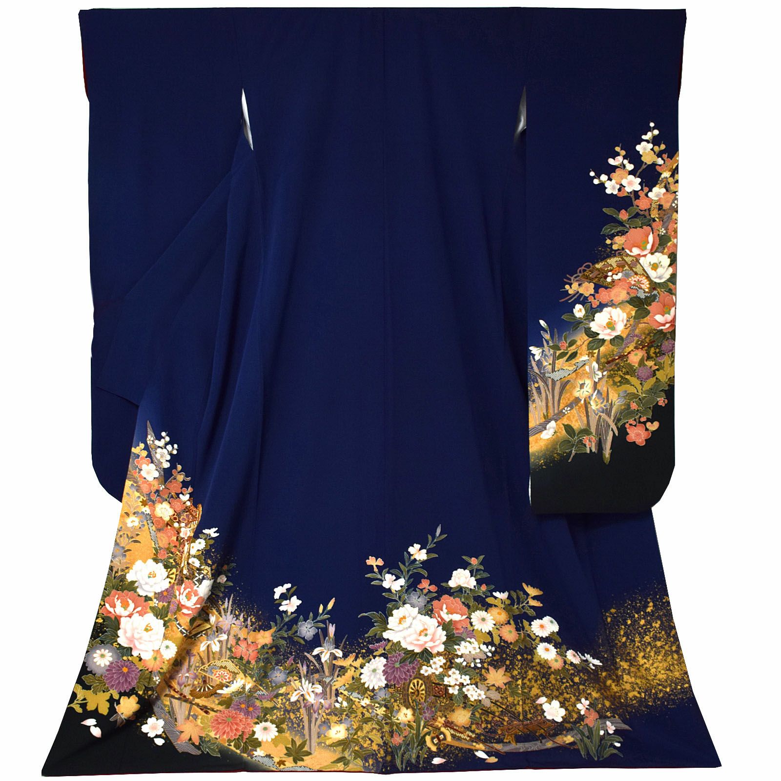 【中古品】仕立て上がり 振袖「留紺　四季花に御所車、蔓帯」貸衣装処分 レンタル処分品 成人式