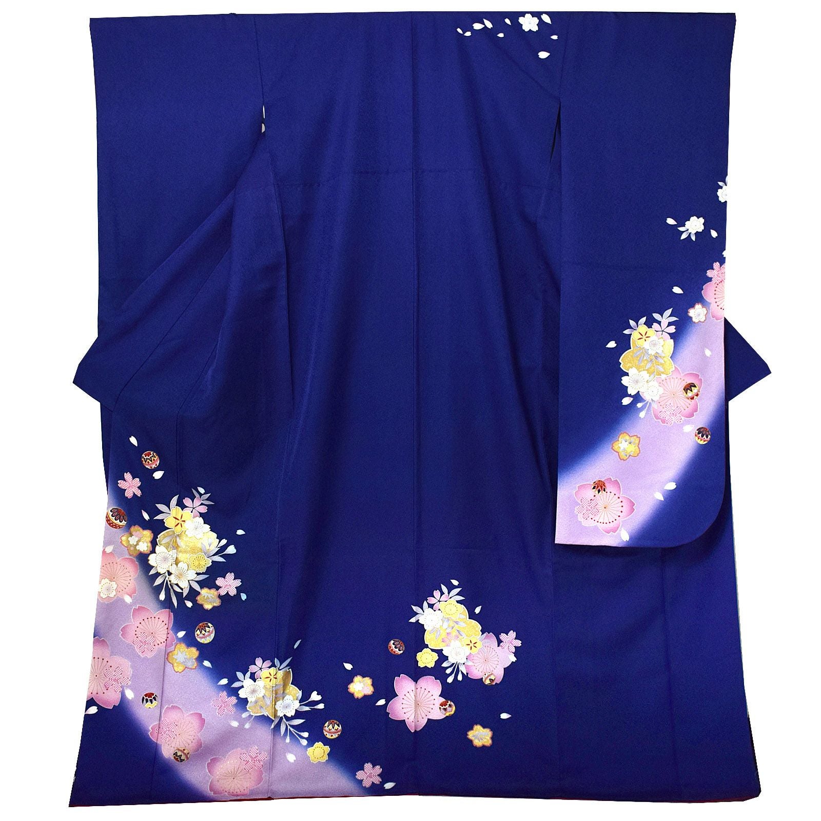 【中古品】仕立て上がり 振袖「紺藍色　桜花に手鞠」貸衣装処分 レンタル処分品 成人式