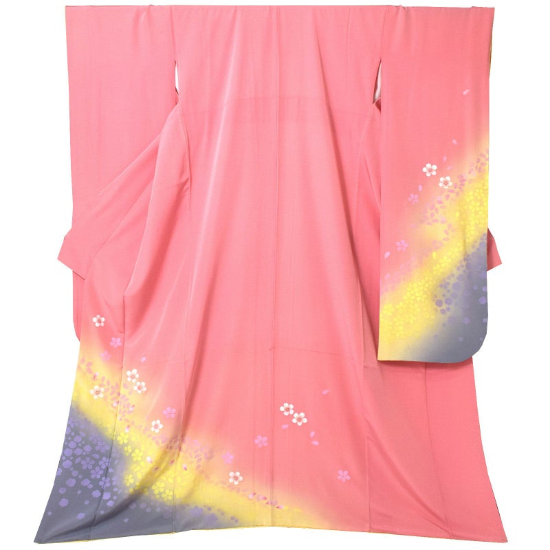 【中古品】仕立て上がり 振袖「紅梅色　流れに桜」貸衣装処分 レンタル処分品 成人式