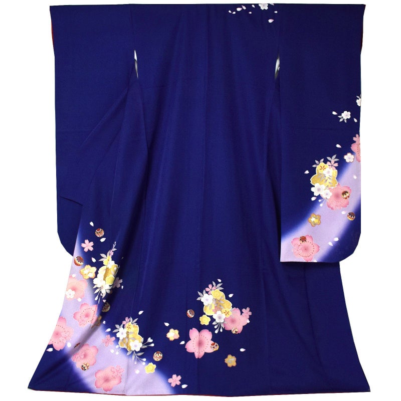 【中古品】仕立て上がり 振袖「紺藍色　桜花に手鞠」貸衣装処分 レンタル処分品 成人式