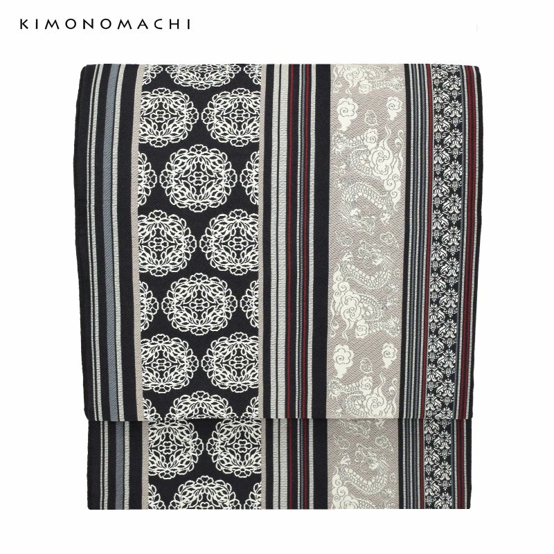京袋帯 単品 数量限定 KIMONOMACHI オリジナル「間道　龍と唐花」ポリエステル 日本製 名古屋帯 普段着着物用 京都きもの町オリジナル