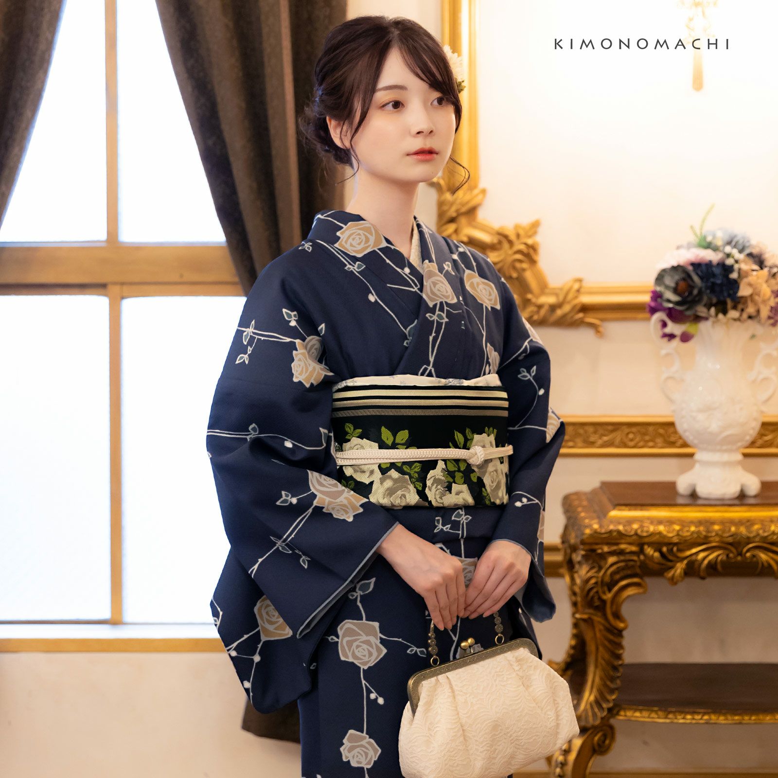 洗える着物 袷着物単品「ばら 墨紺色」KIMONOMACHI オリジナル きもの