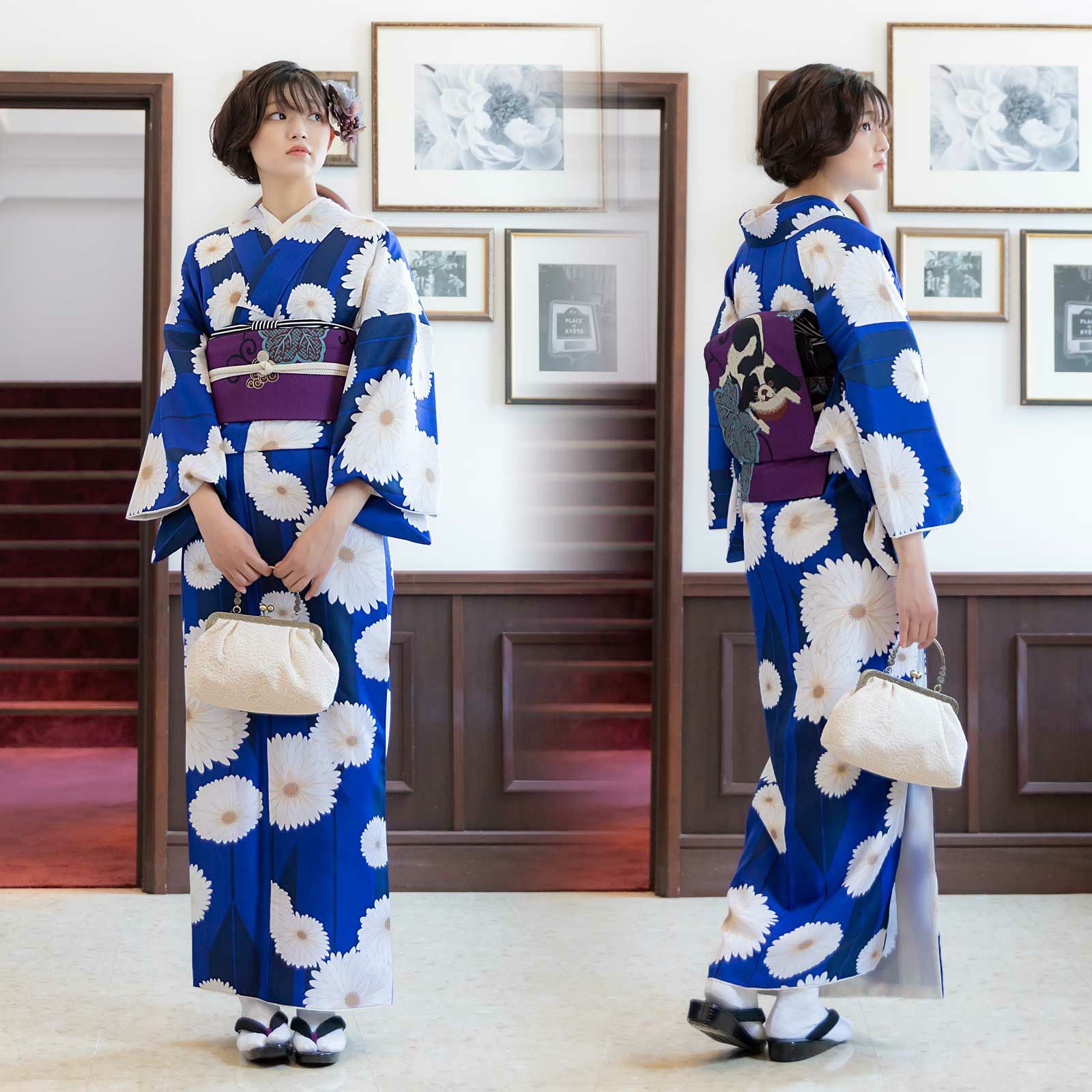 洗える着物 袷着物単品「矢羽根に菊 瑠璃色」KIMONOMACHI オリジナル