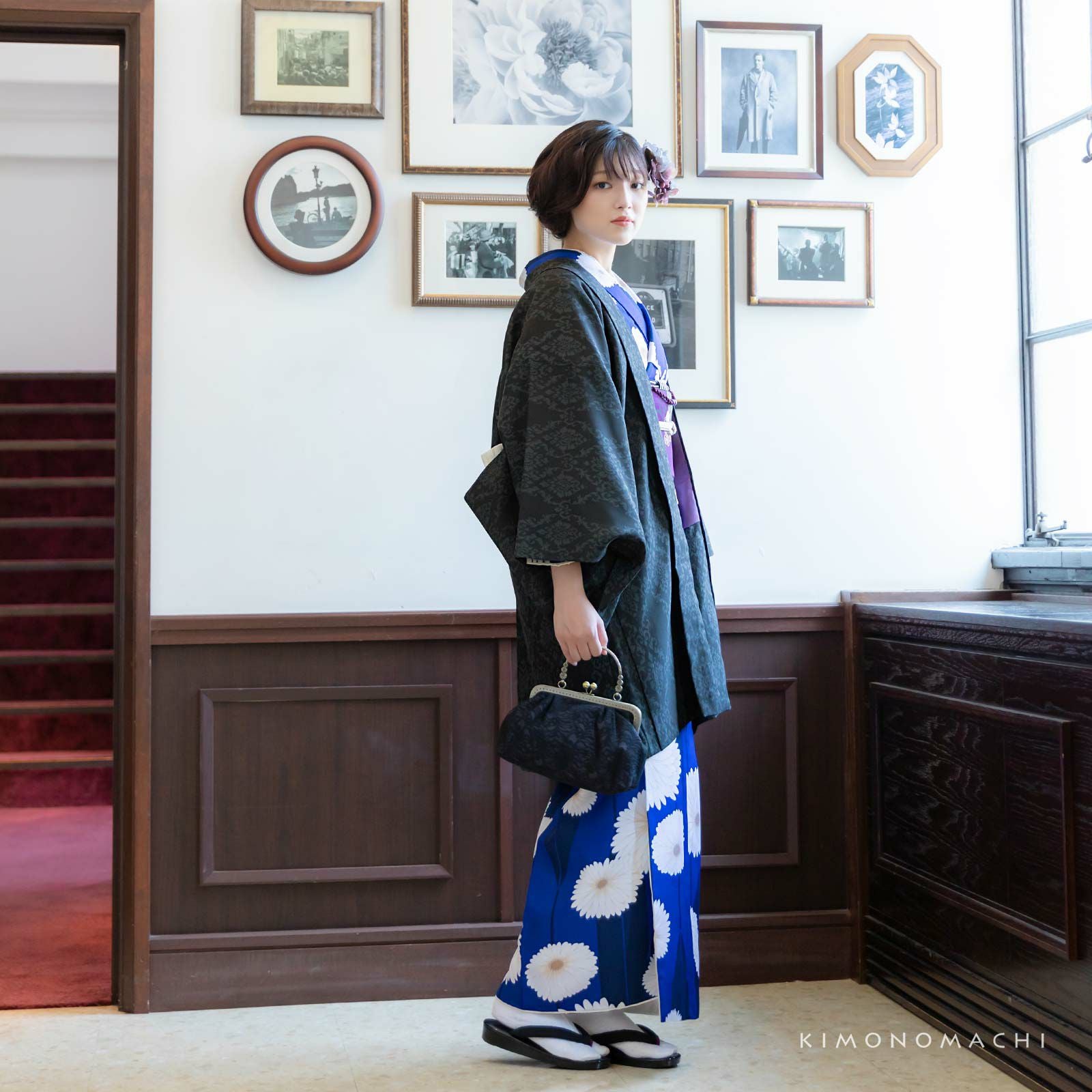 洗える着物 袷着物単品「矢羽根に菊 瑠璃色」KIMONOMACHI オリジナル