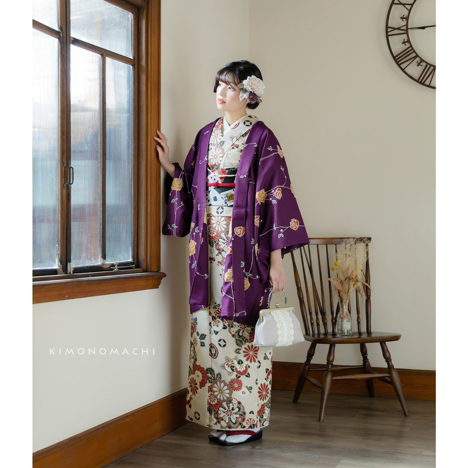 洗える着物 セット「袷着物：花紋散らし灰梅＋京袋帯：黒トランプ＋
