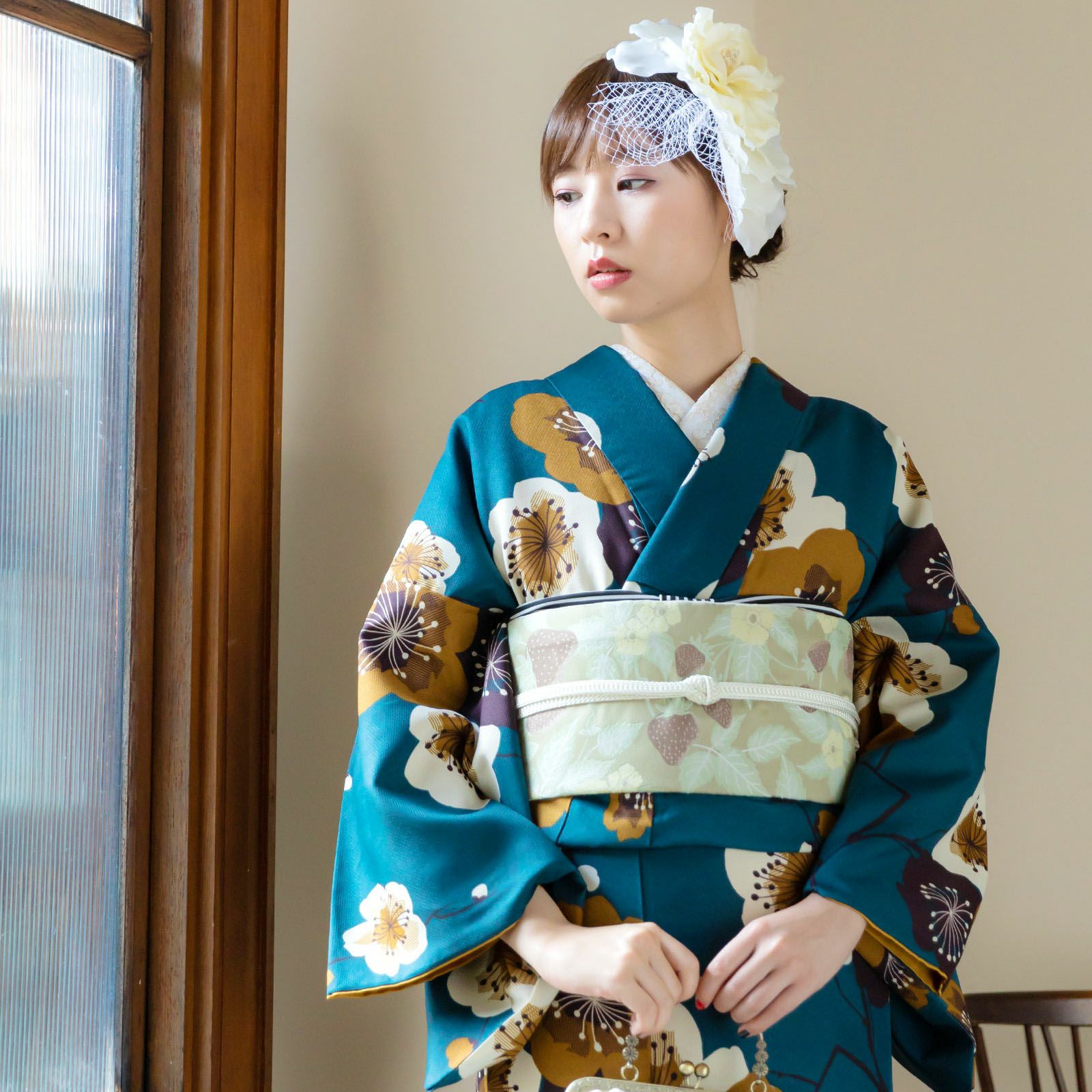 洗える着物 セット「袷着物：梅青緑＋京袋帯：蔓いちご＋羽織