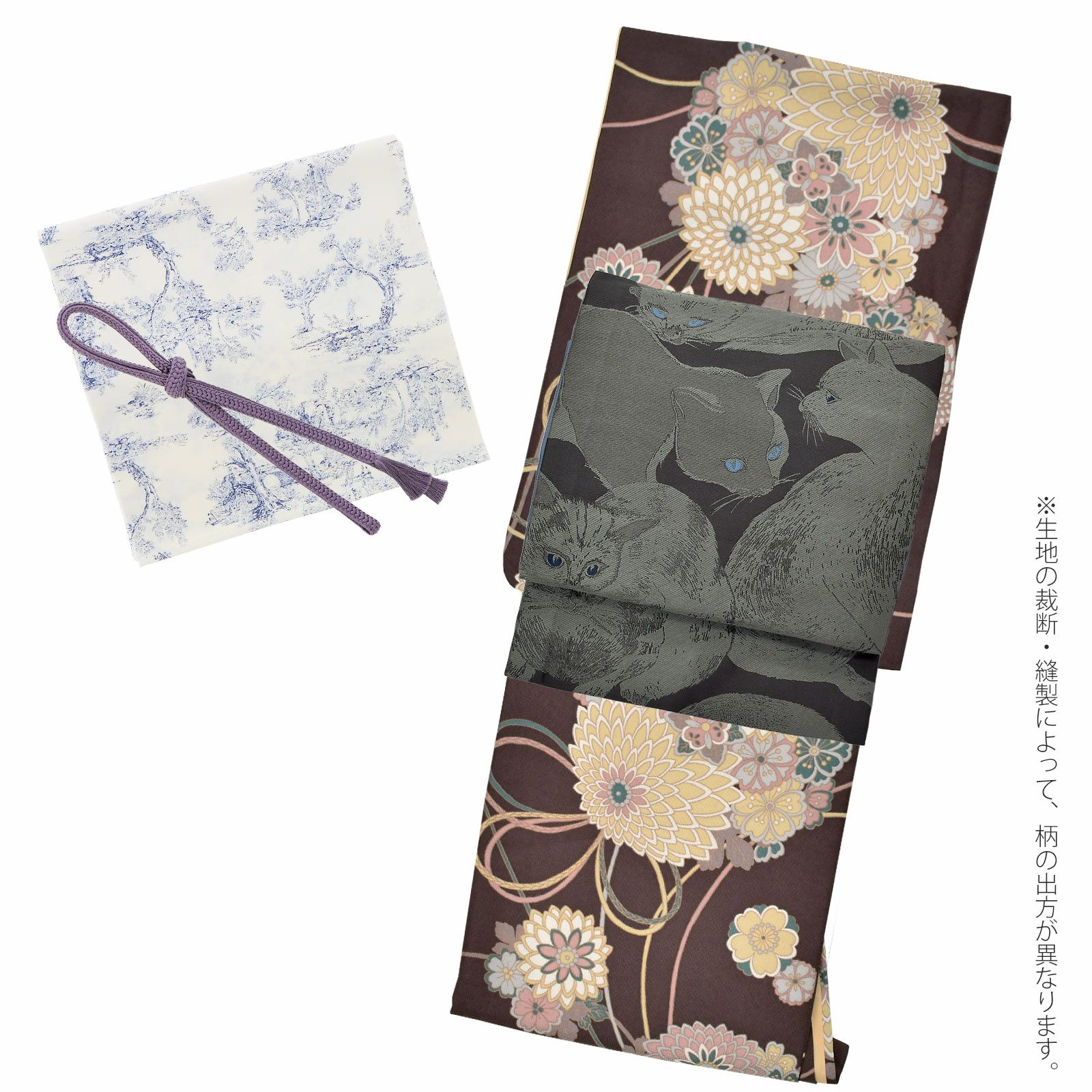 洗える着物 セット「袷着物：花くす玉 紫鳶色＋京袋帯：薄暮の灰猫